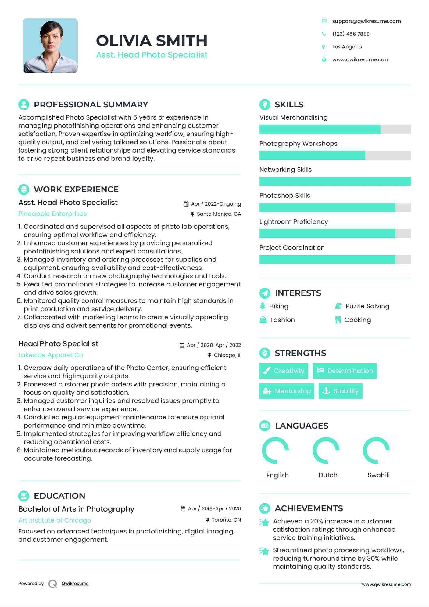 Asst. Head Photo Specialist Resume Template