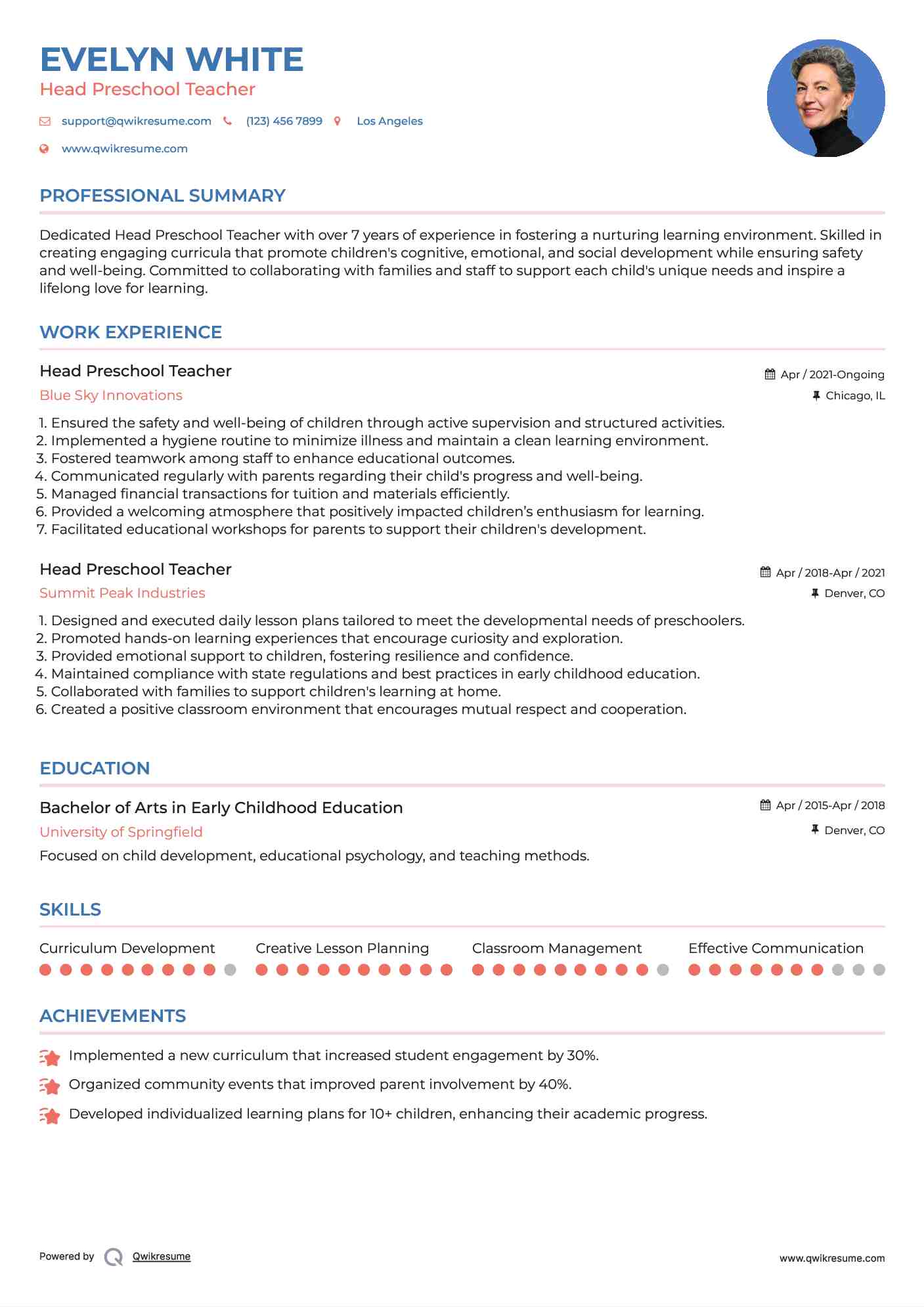 Head Preschool Teacher Resume Model