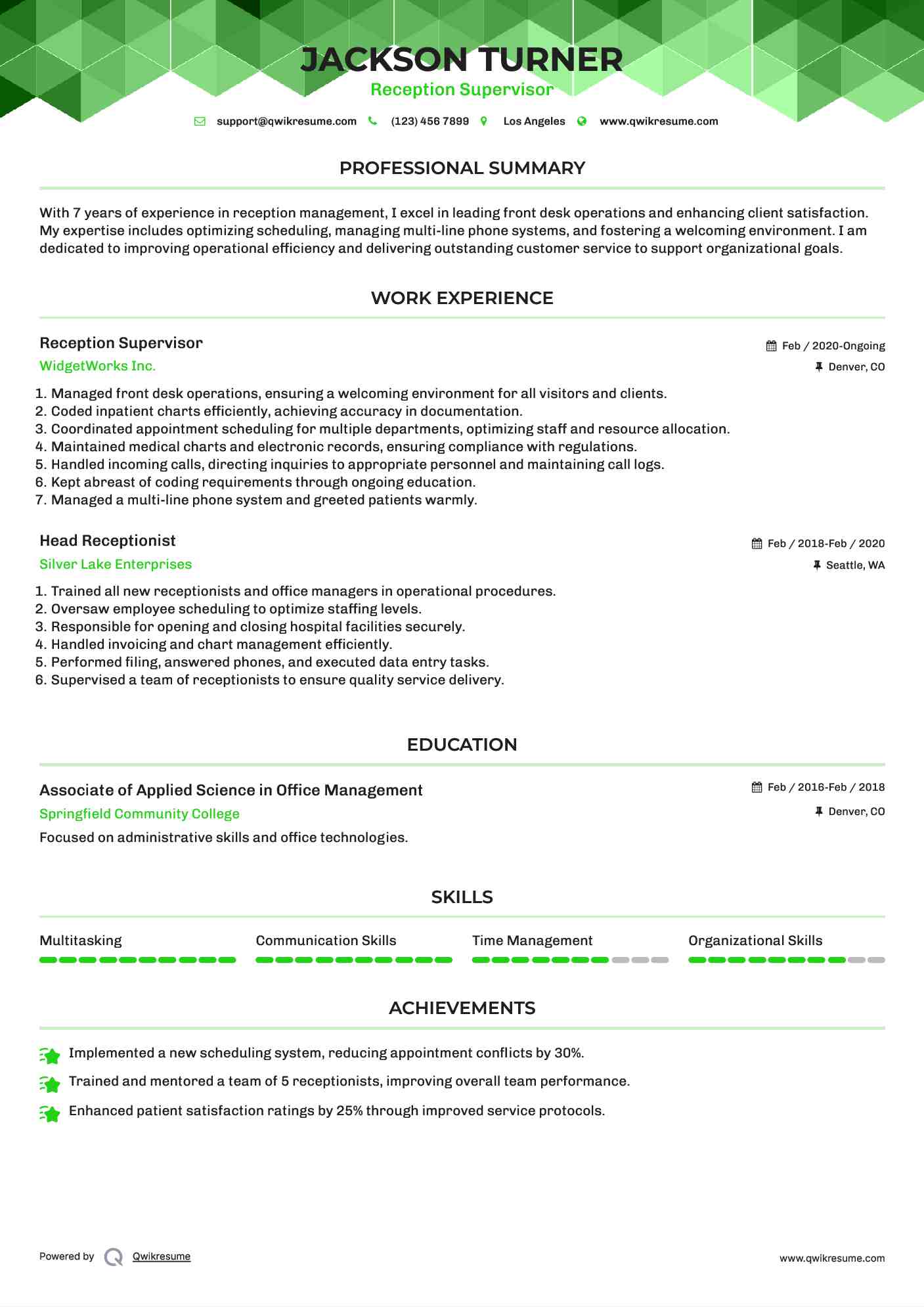 Reception Supervisor Resume Template