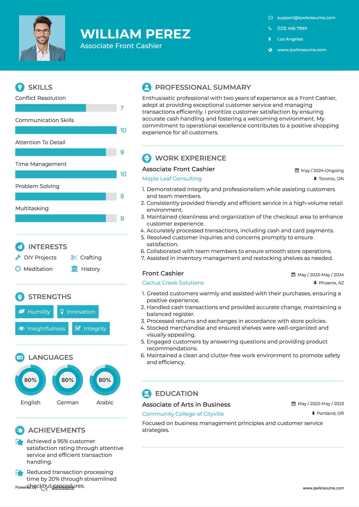 Associate Front Cashier Resume Template