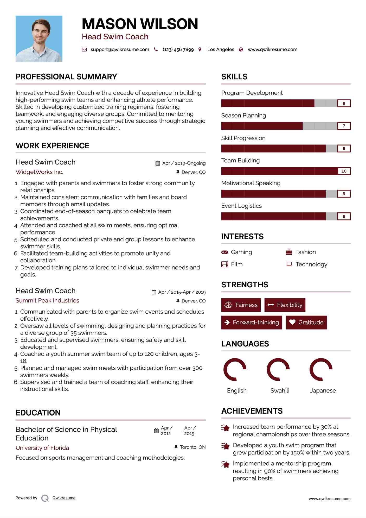 Head Swim Coach Resume Template