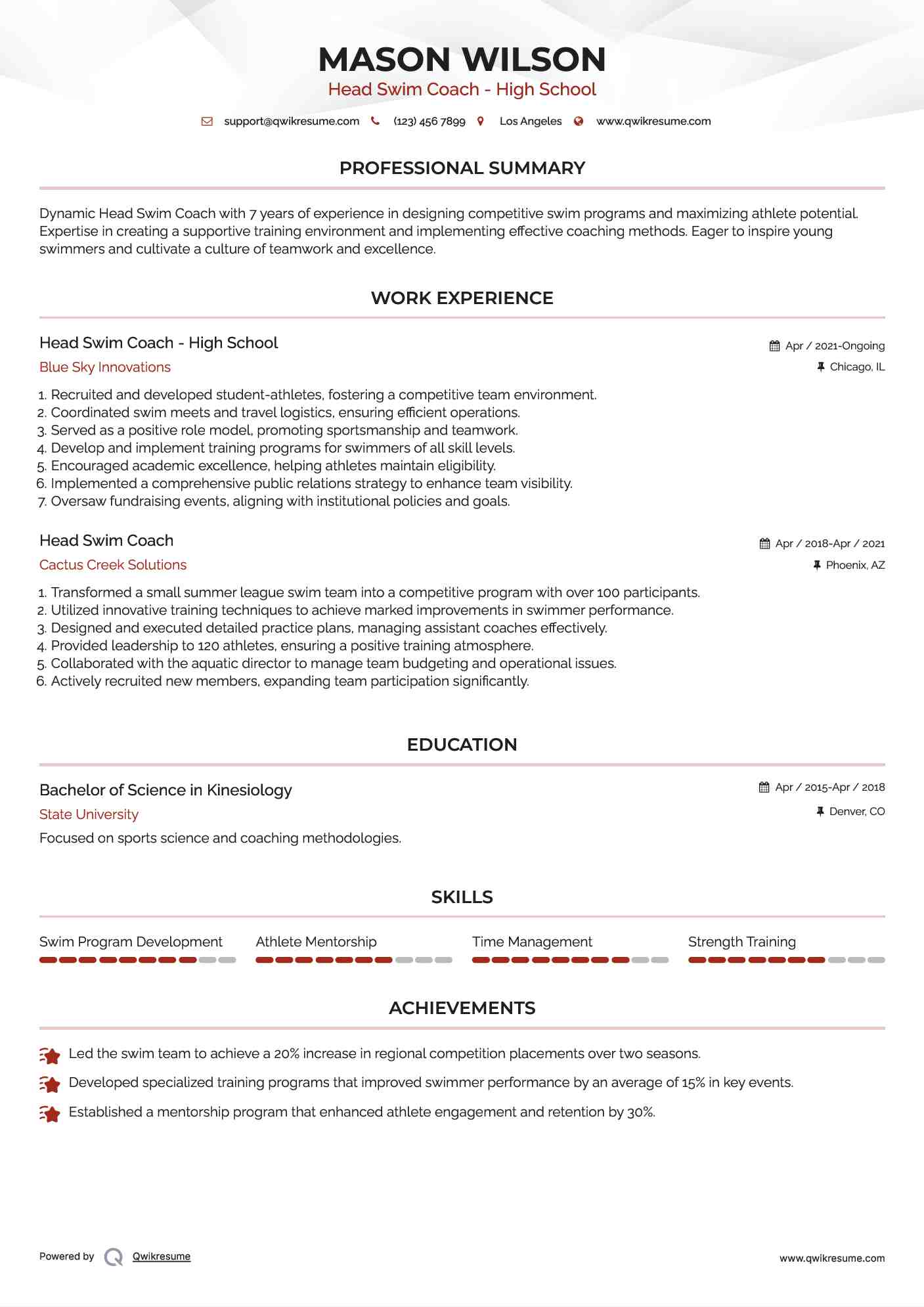 Head Swim Coach - High School
 Resume Sample