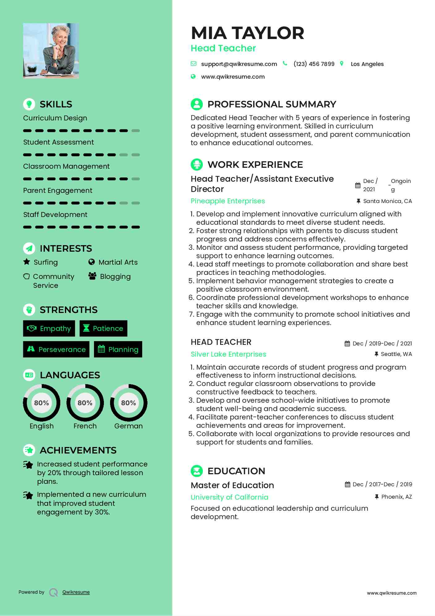 Head Teacher/Assistant Executive Director Resume Sample