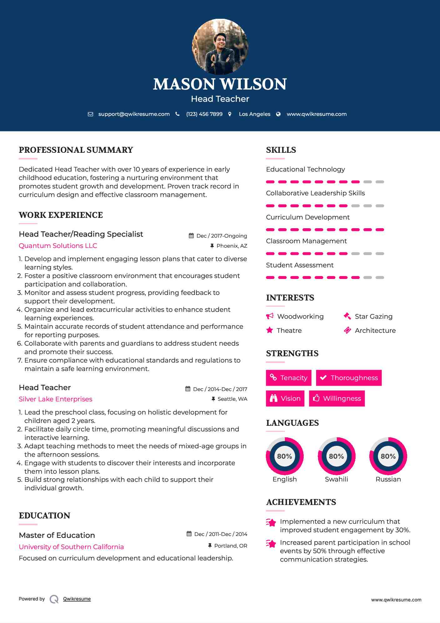 Head Teacher/Reading Specialist Resume Example