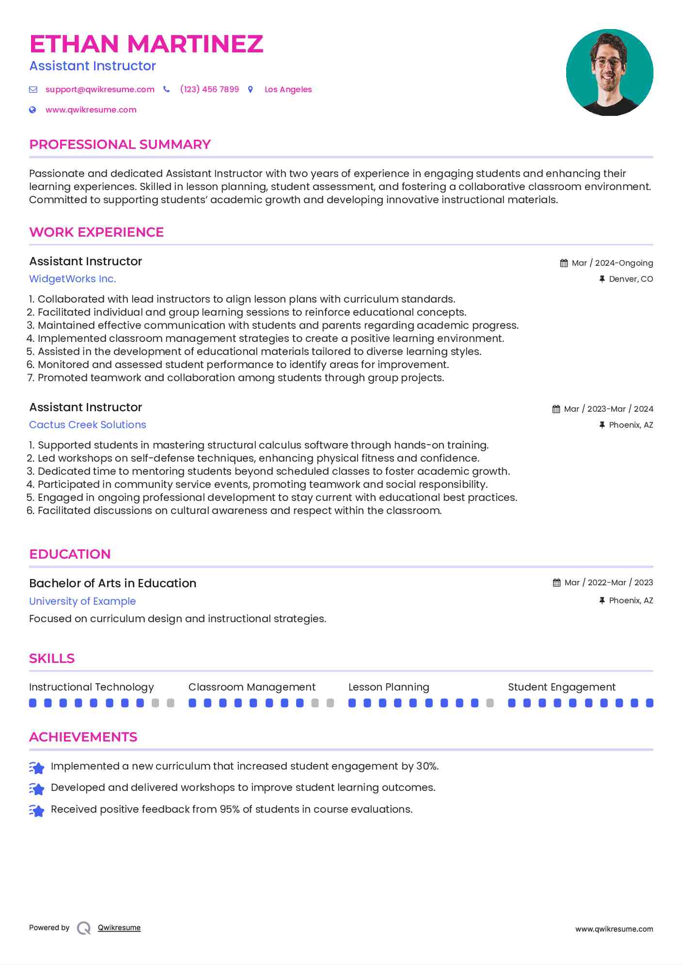 Assistant Instructor Resume Model