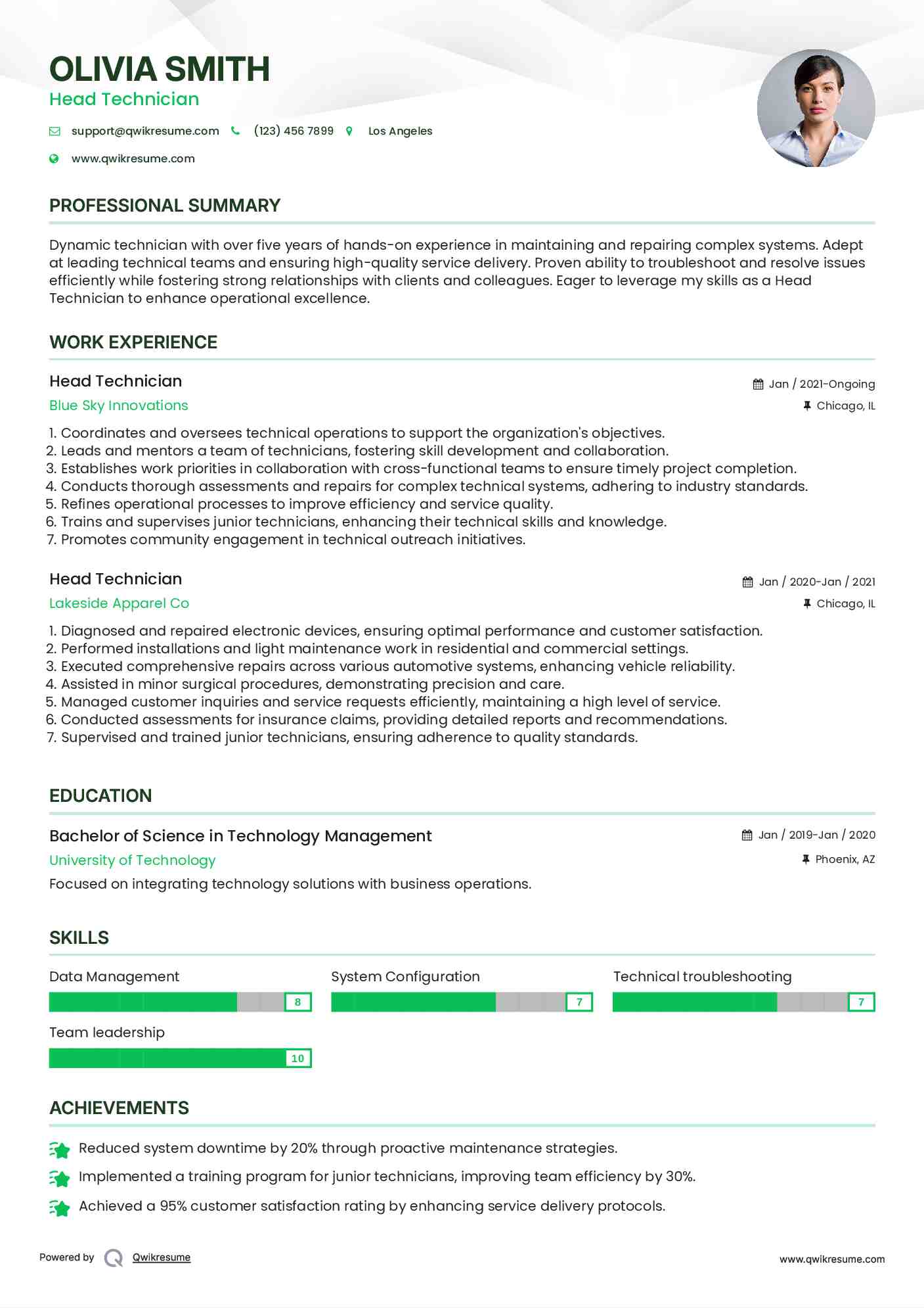 Head Technician Resume Sample