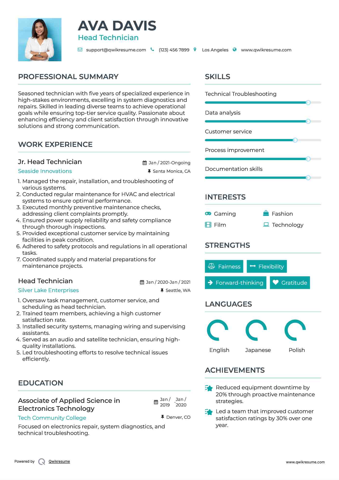 Jr. Head Technician Resume Model