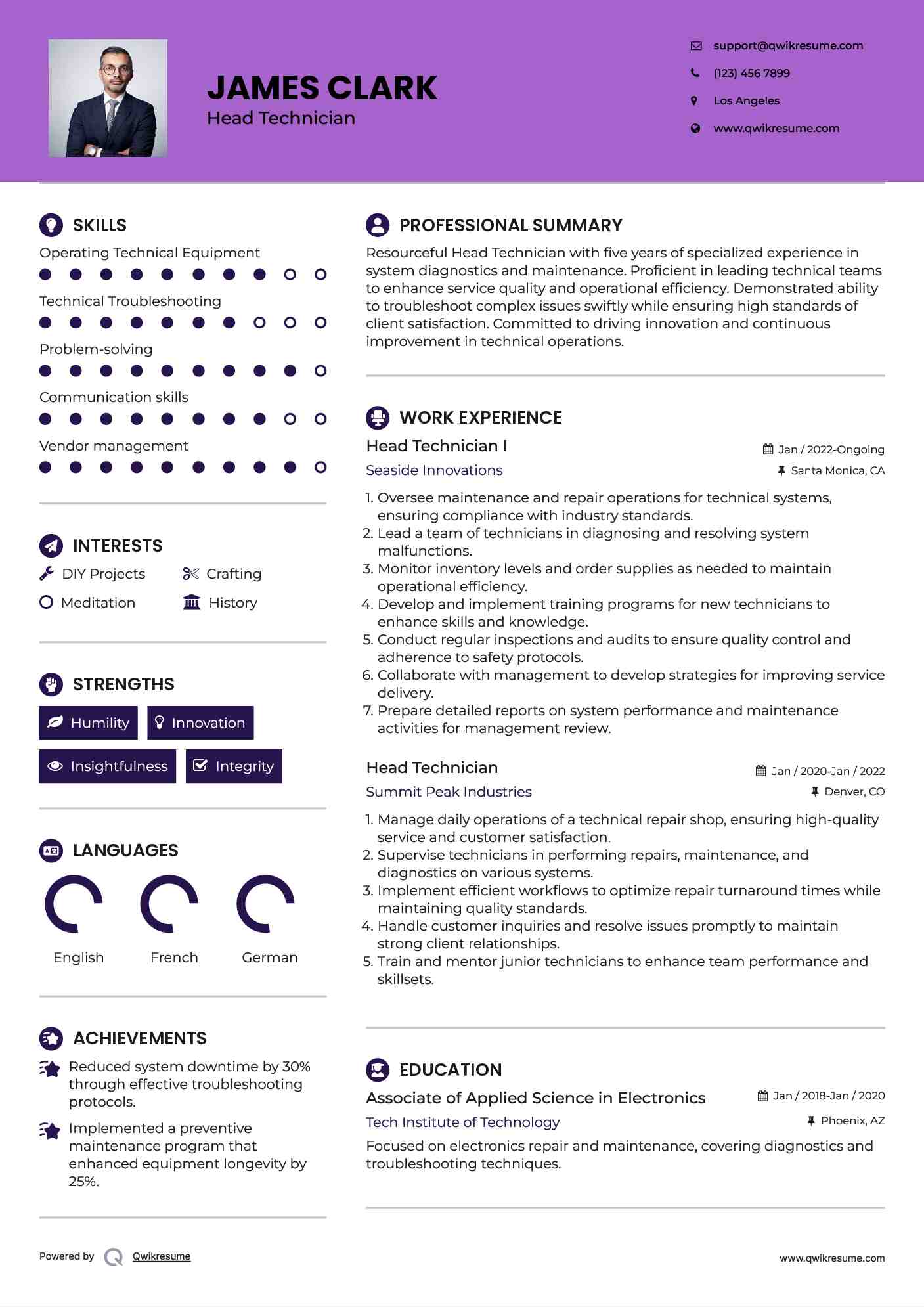 Head Technician I Resume Format