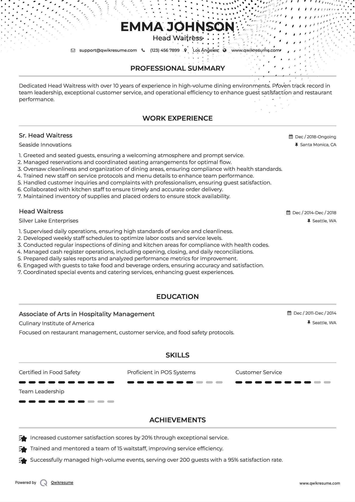 Sr. Head Waitress Resume Model