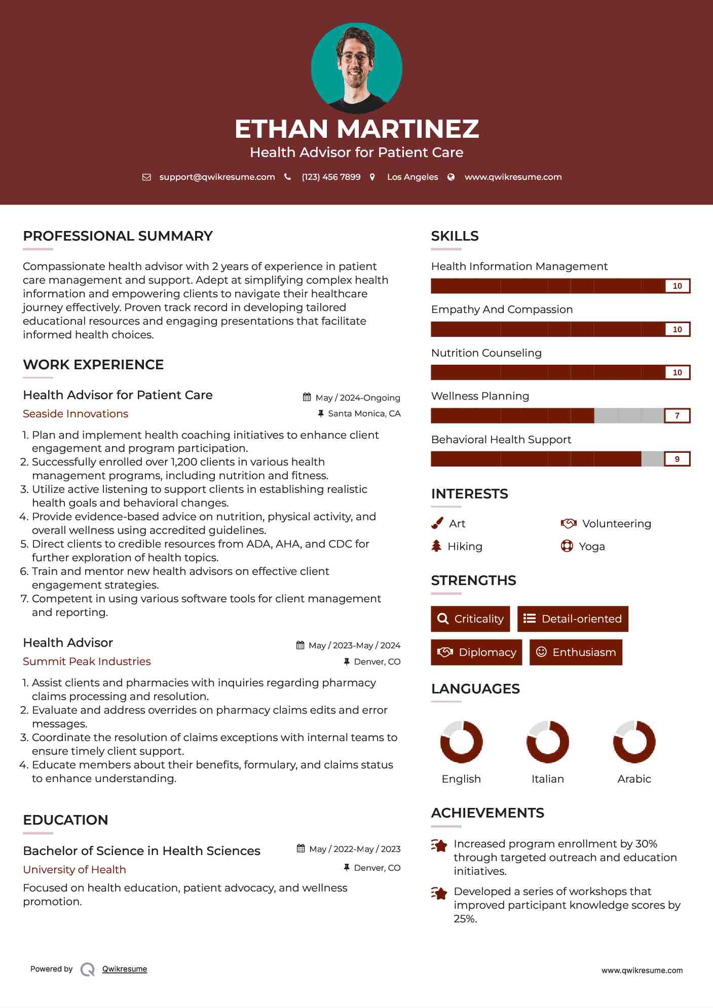 Health Advisor for Patient Care Resume Sample