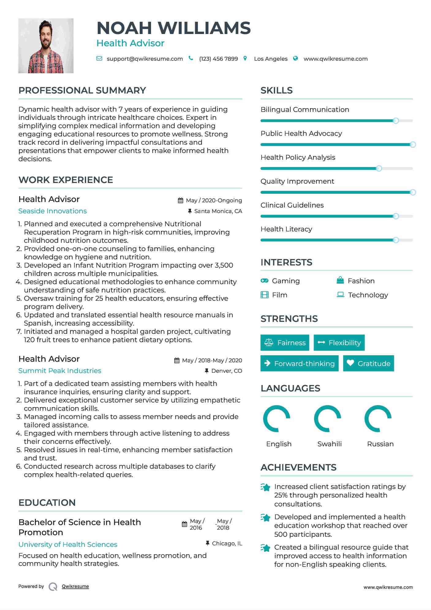 Health Advisor Resume Format