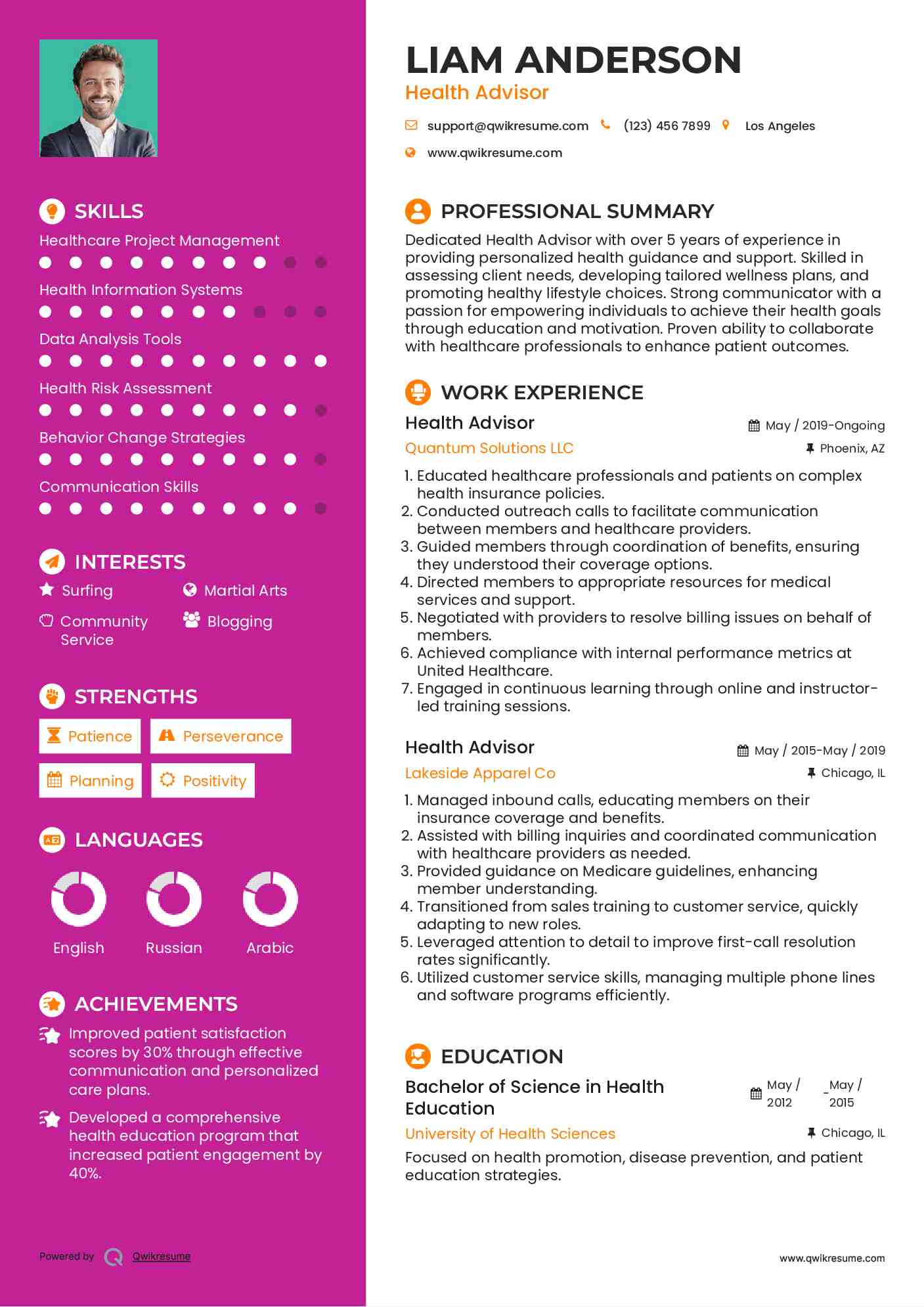 Health Advisor Resume Example