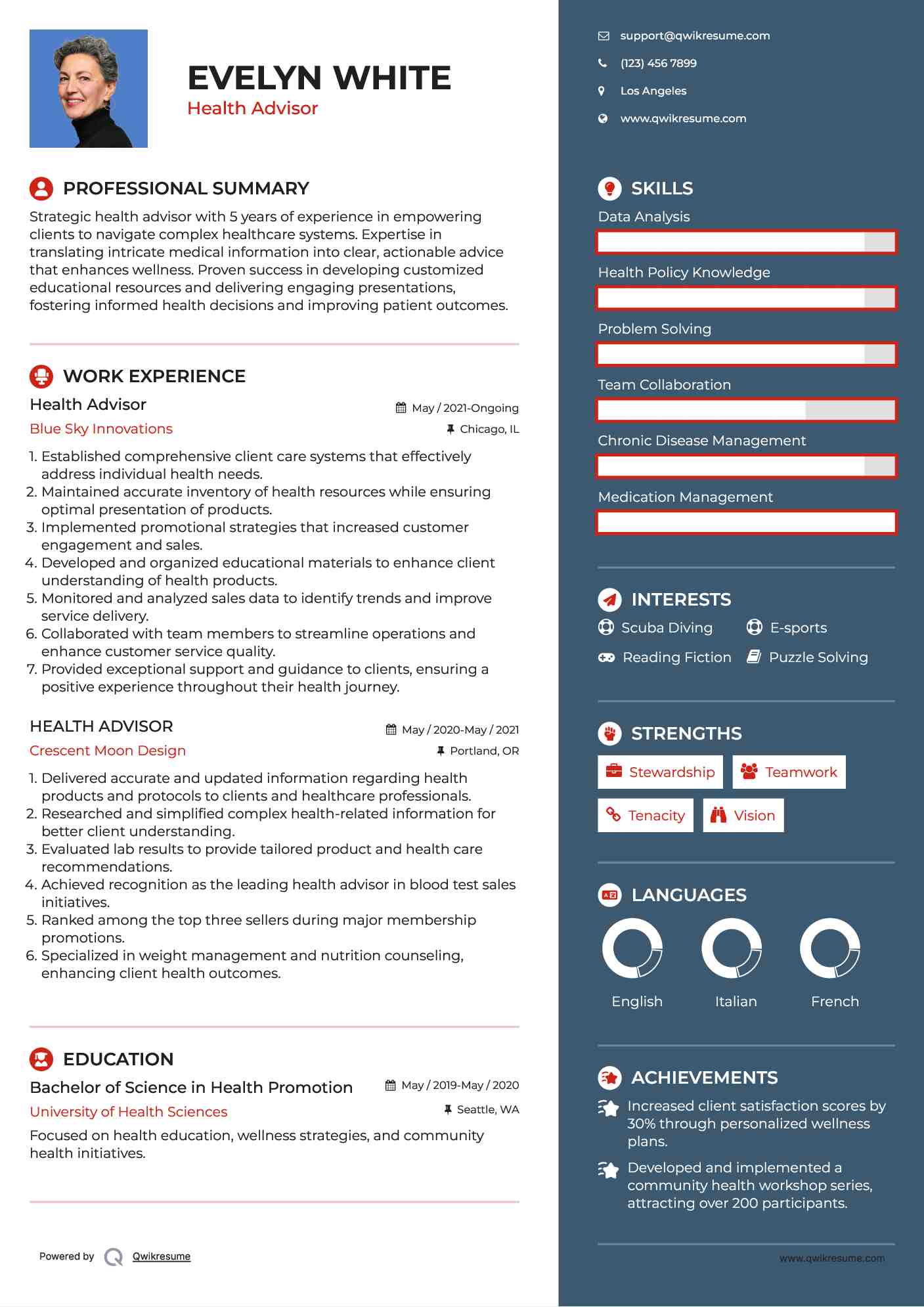 Health Advisor Resume Samples | QwikResume