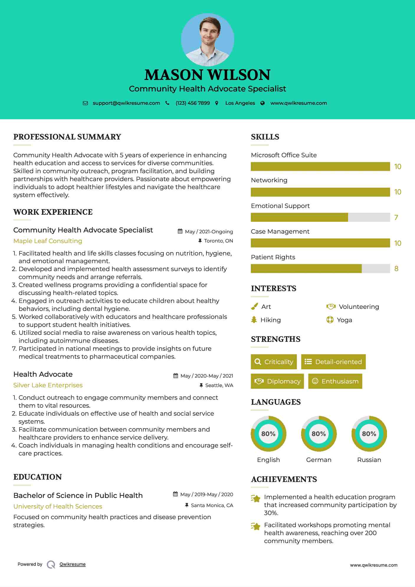 Community Health Advocate Specialist Resume Example