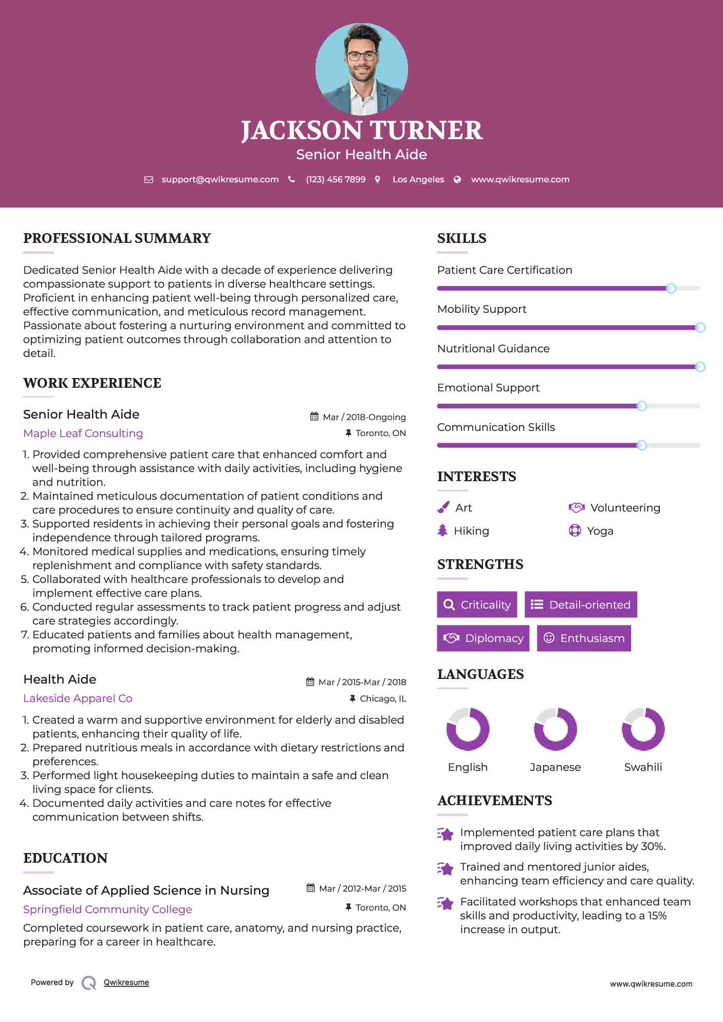 Senior Health Aide Resume Template
