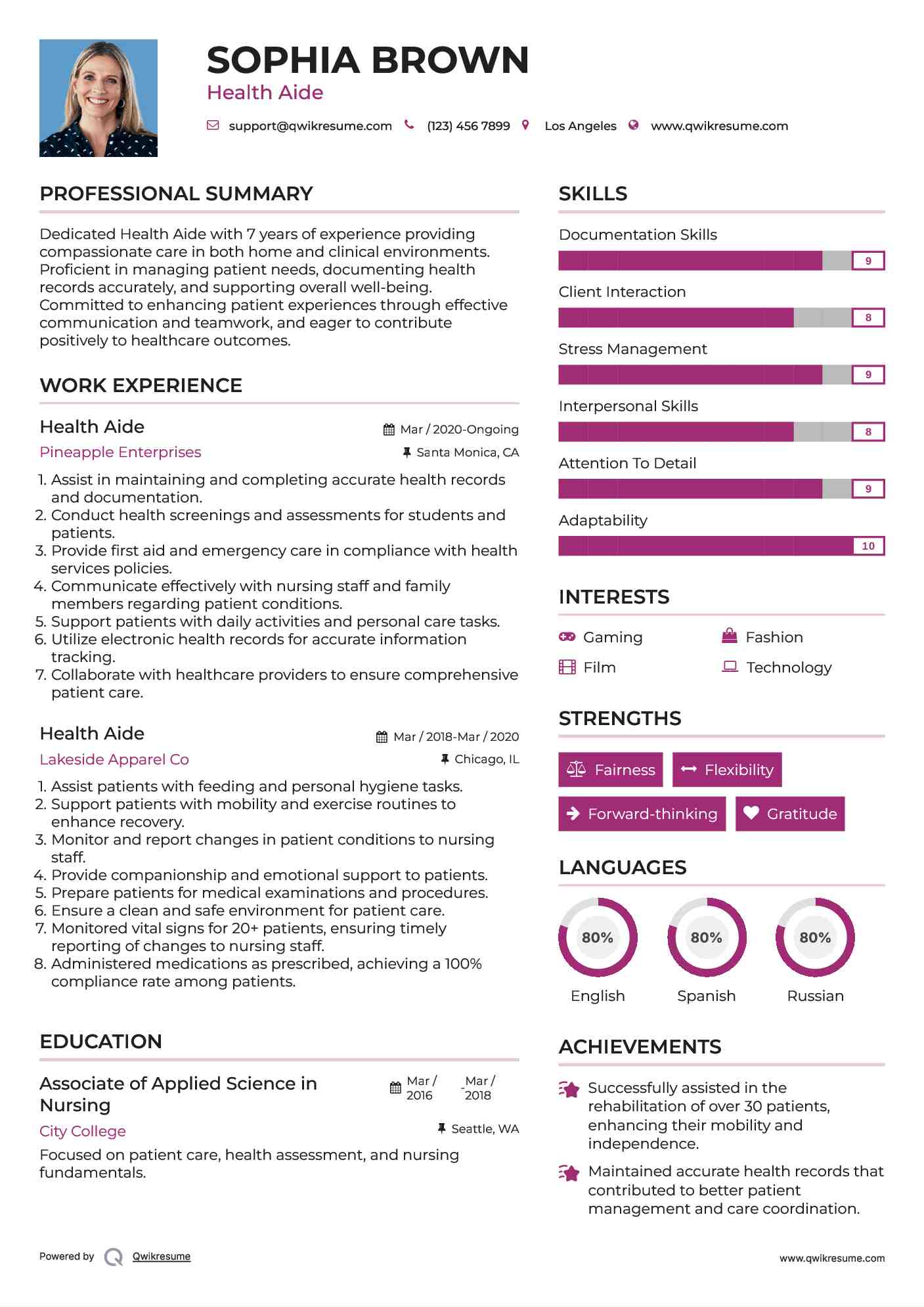 Health Aide Resume Example