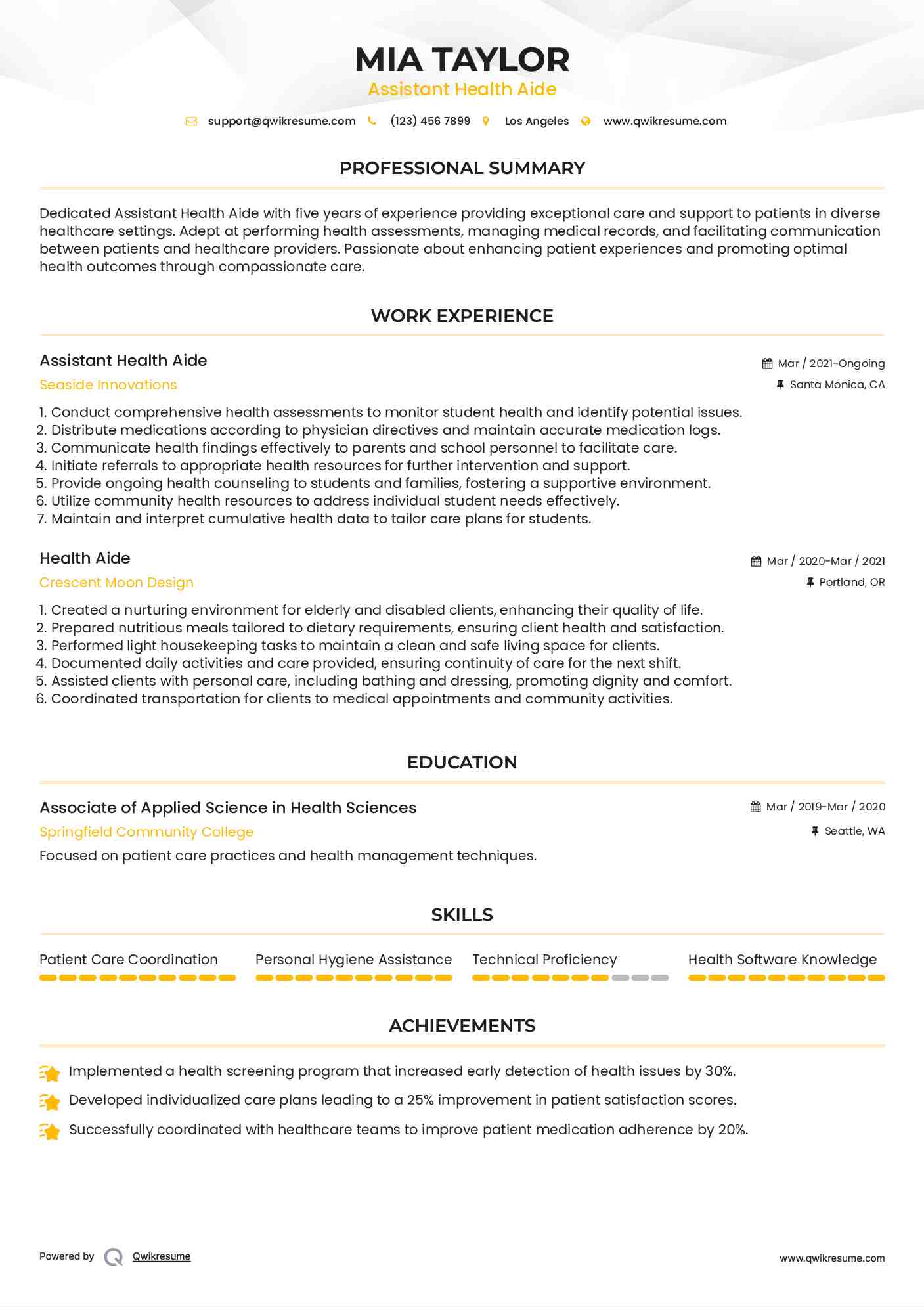 Assistant Health Aide Resume Template