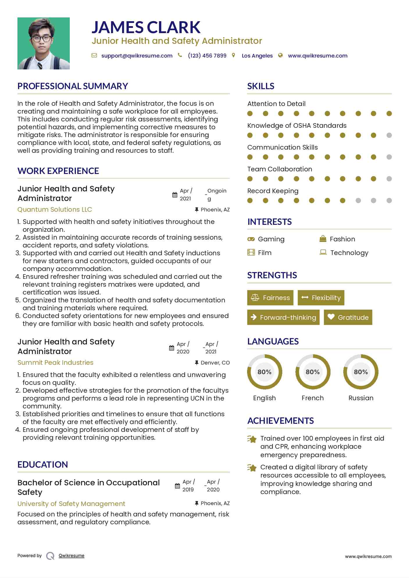 Junior Health and Safety Administrator Resume Example