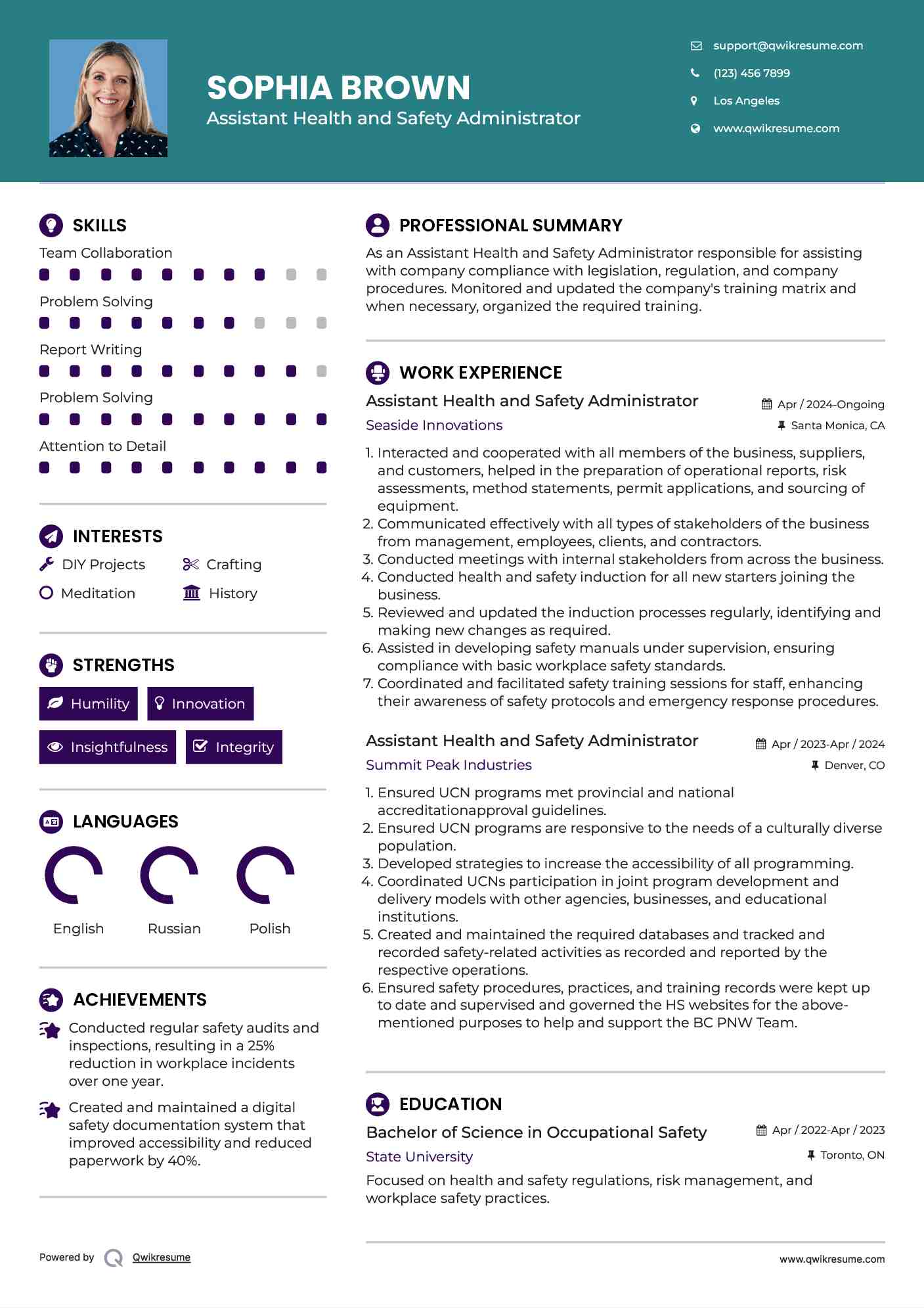  Assistant Health and Safety Administrator  Resume Sample