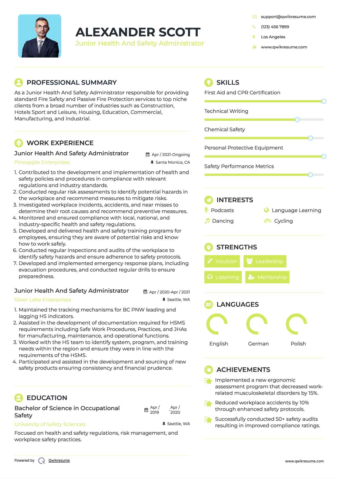 Junior Health And Safety Administrator Resume Format