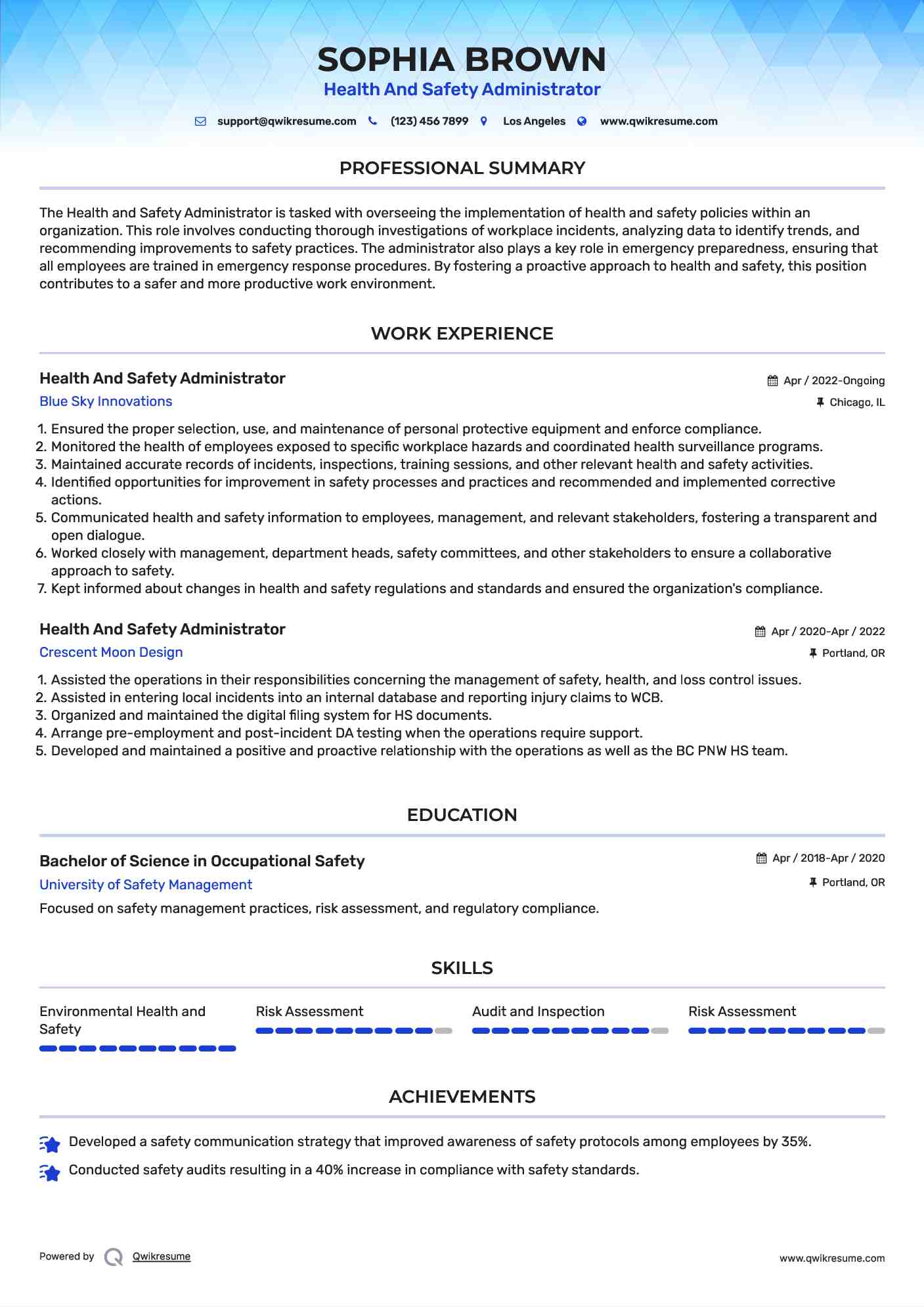 Health And Safety Administrator Resume Template