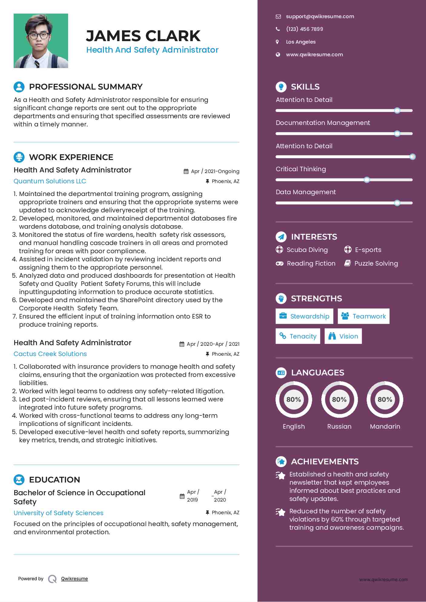 Health And Safety Administrator Resume Model