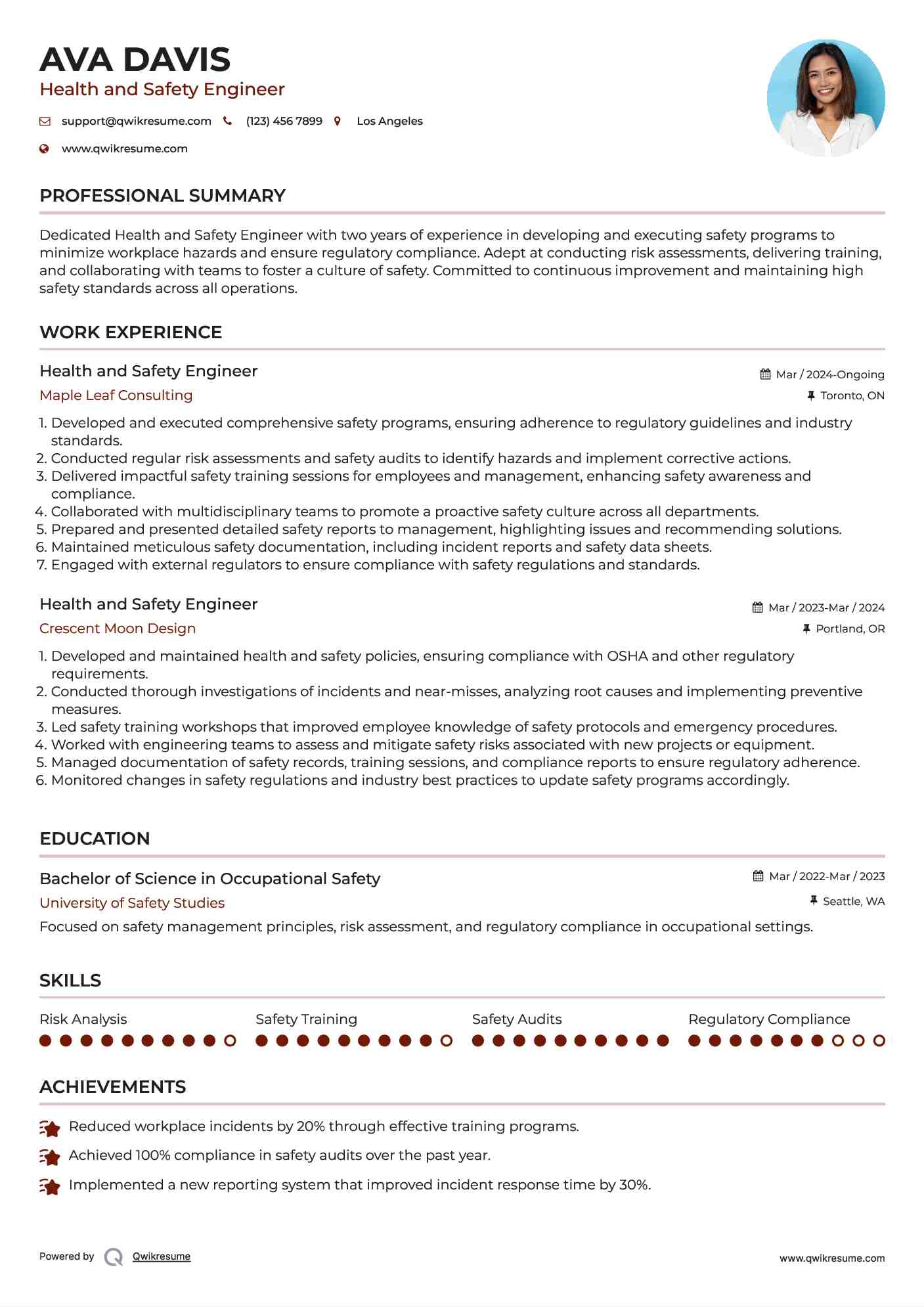 Health and Safety Engineer Resume Example
