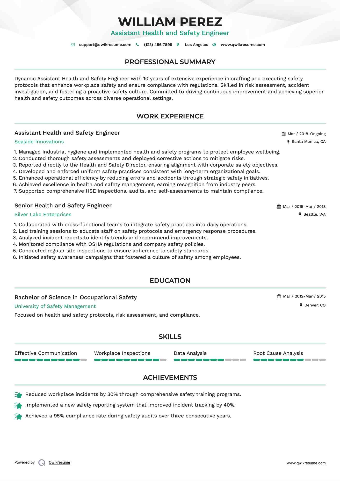 Assistant Health and Safety Engineer Resume Model