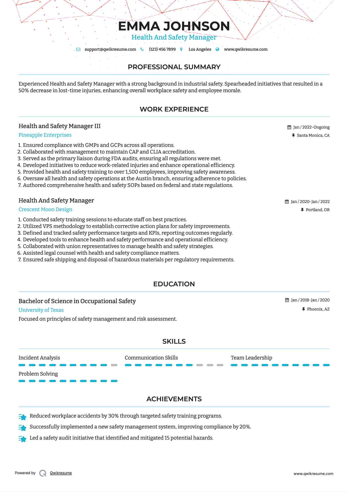 Health And Safety Manager Resume Samples QwikResume
