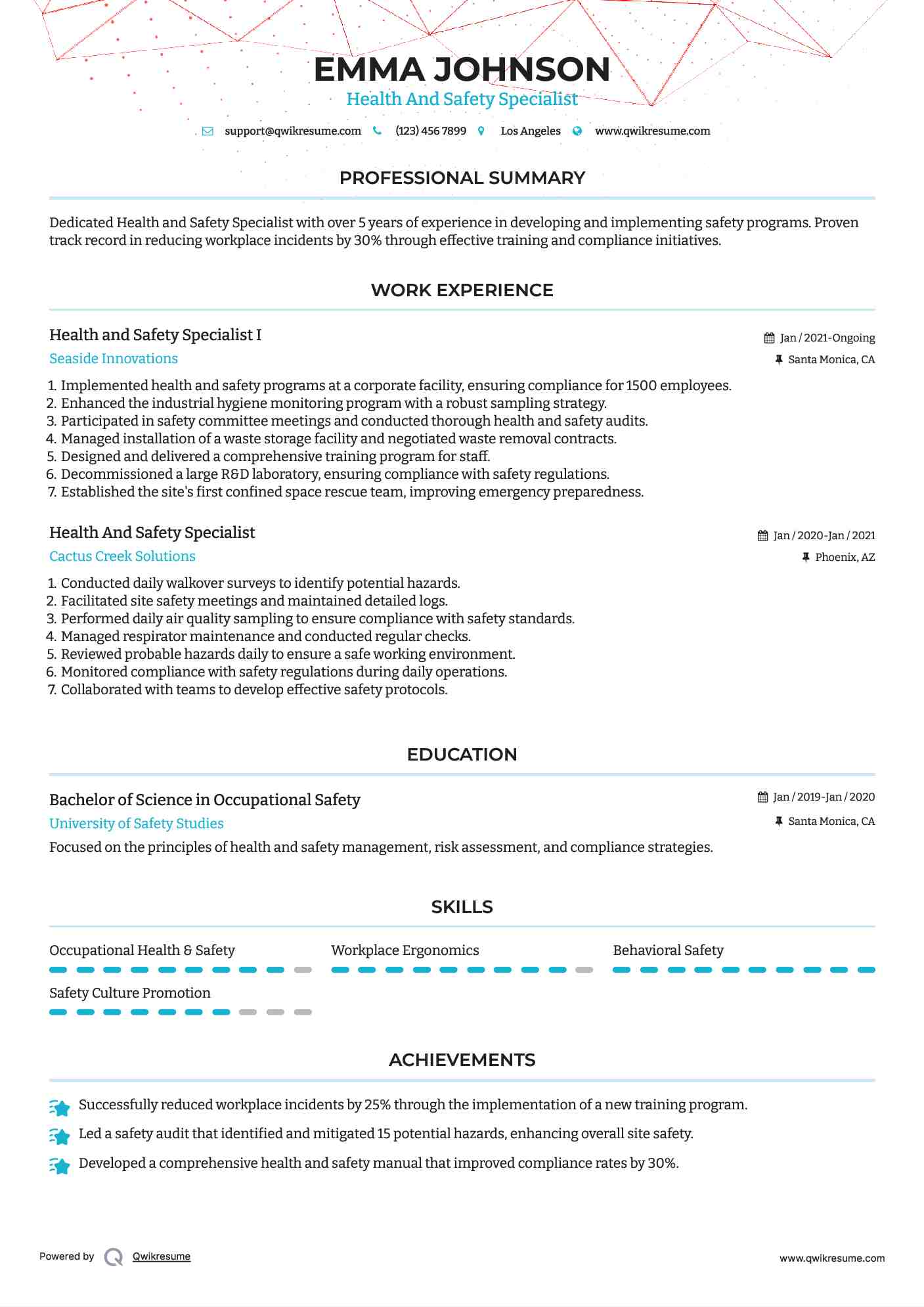 Health and Safety Specialist I Resume Format