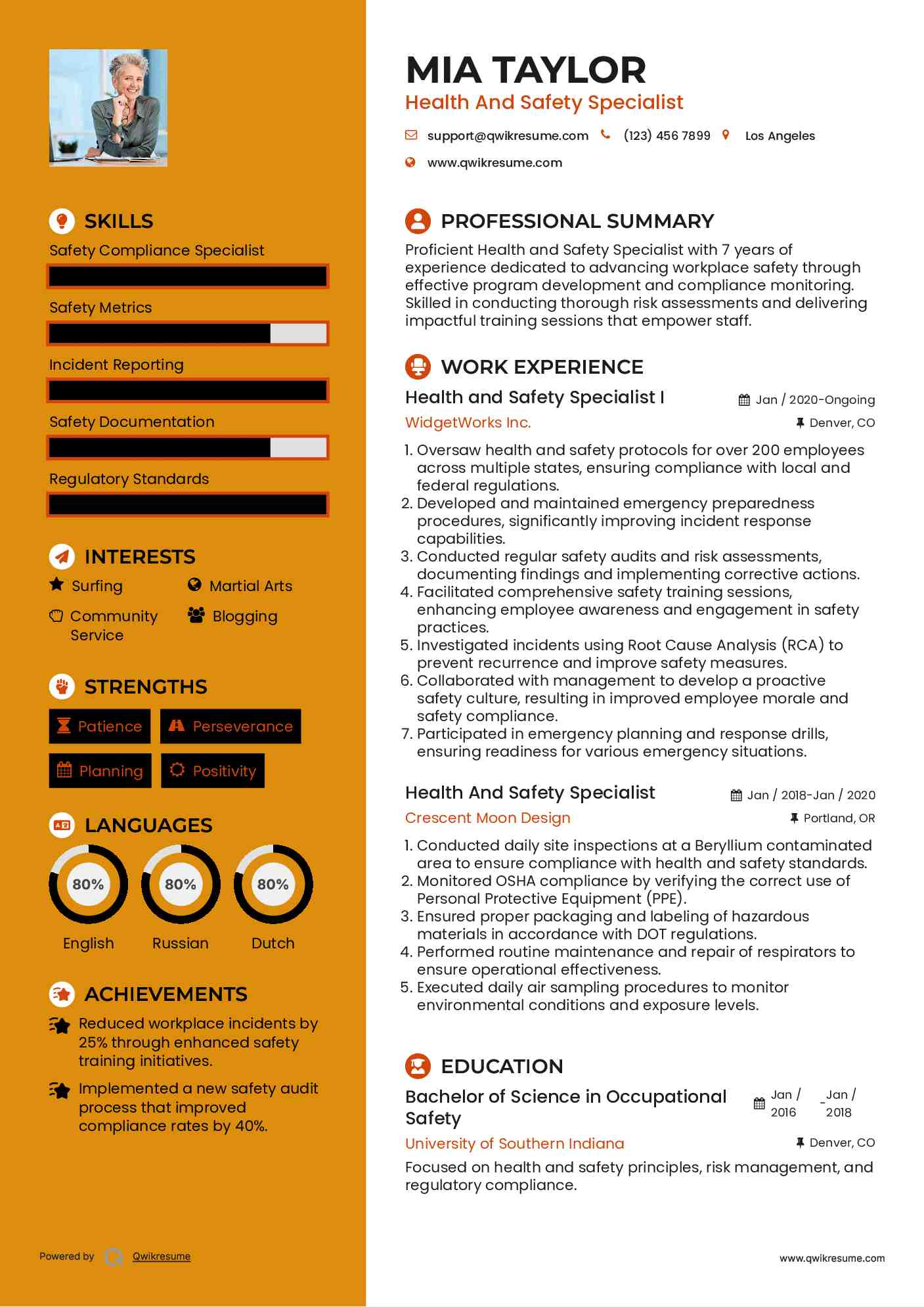 Health and Safety Specialist I Resume Format
