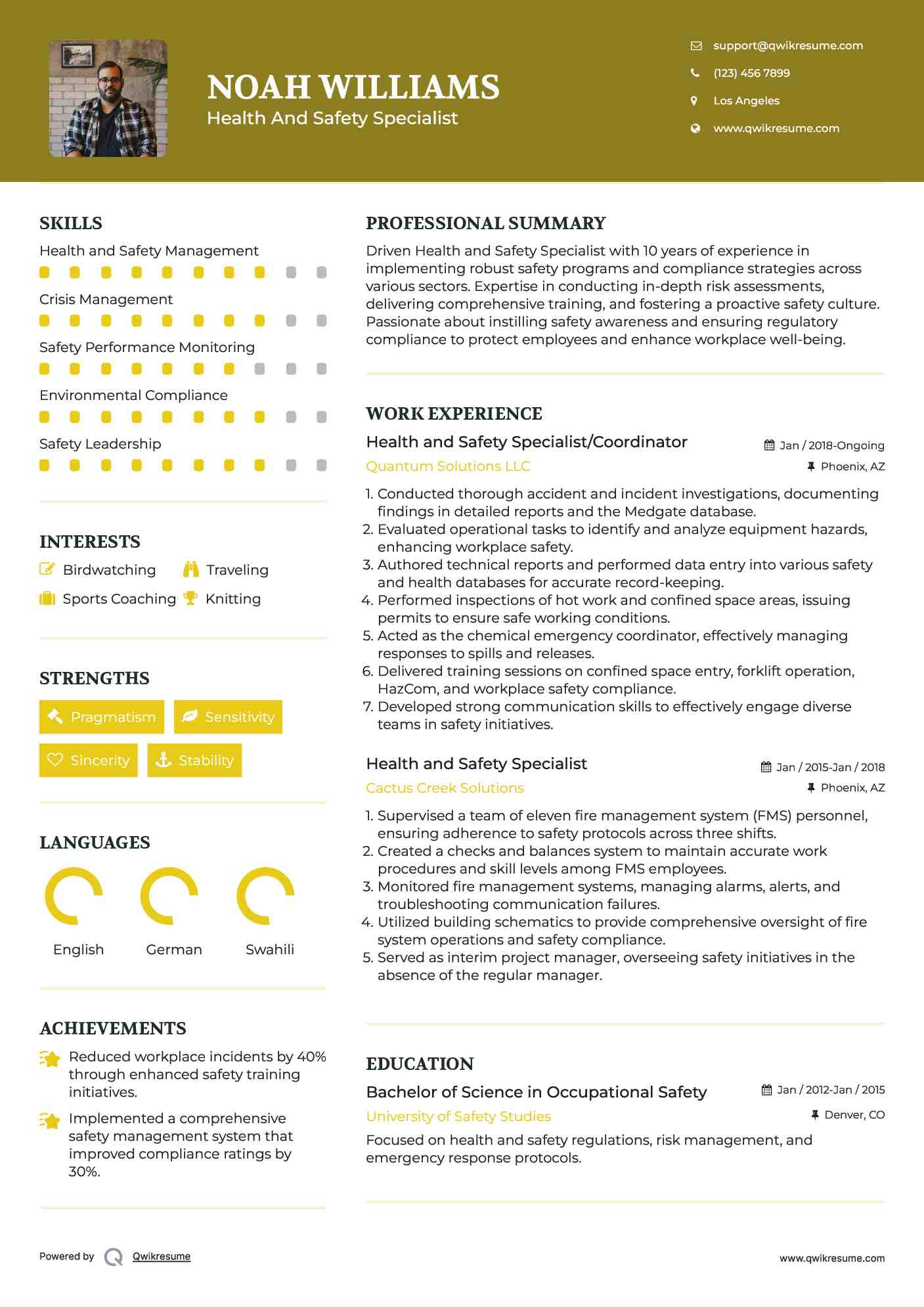 Health and Safety Specialist/Coordinator Resume Format