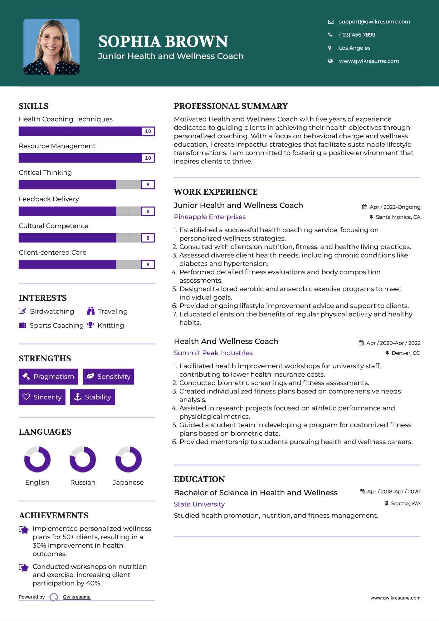 Junior Health and Wellness Coach Resume Format