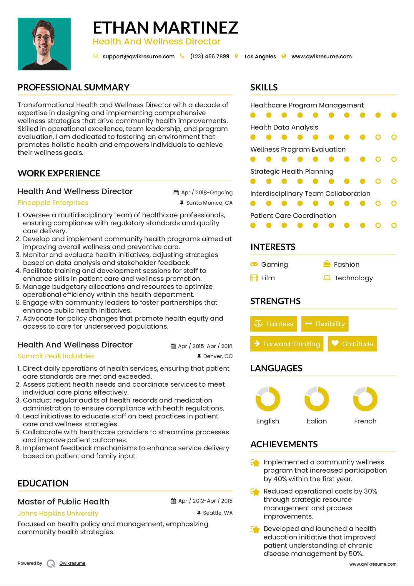 Health And Wellness Director Resume Template
