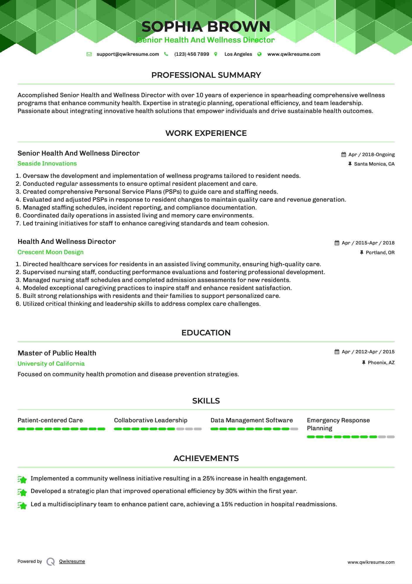 Senior Health And Wellness Director Resume Model