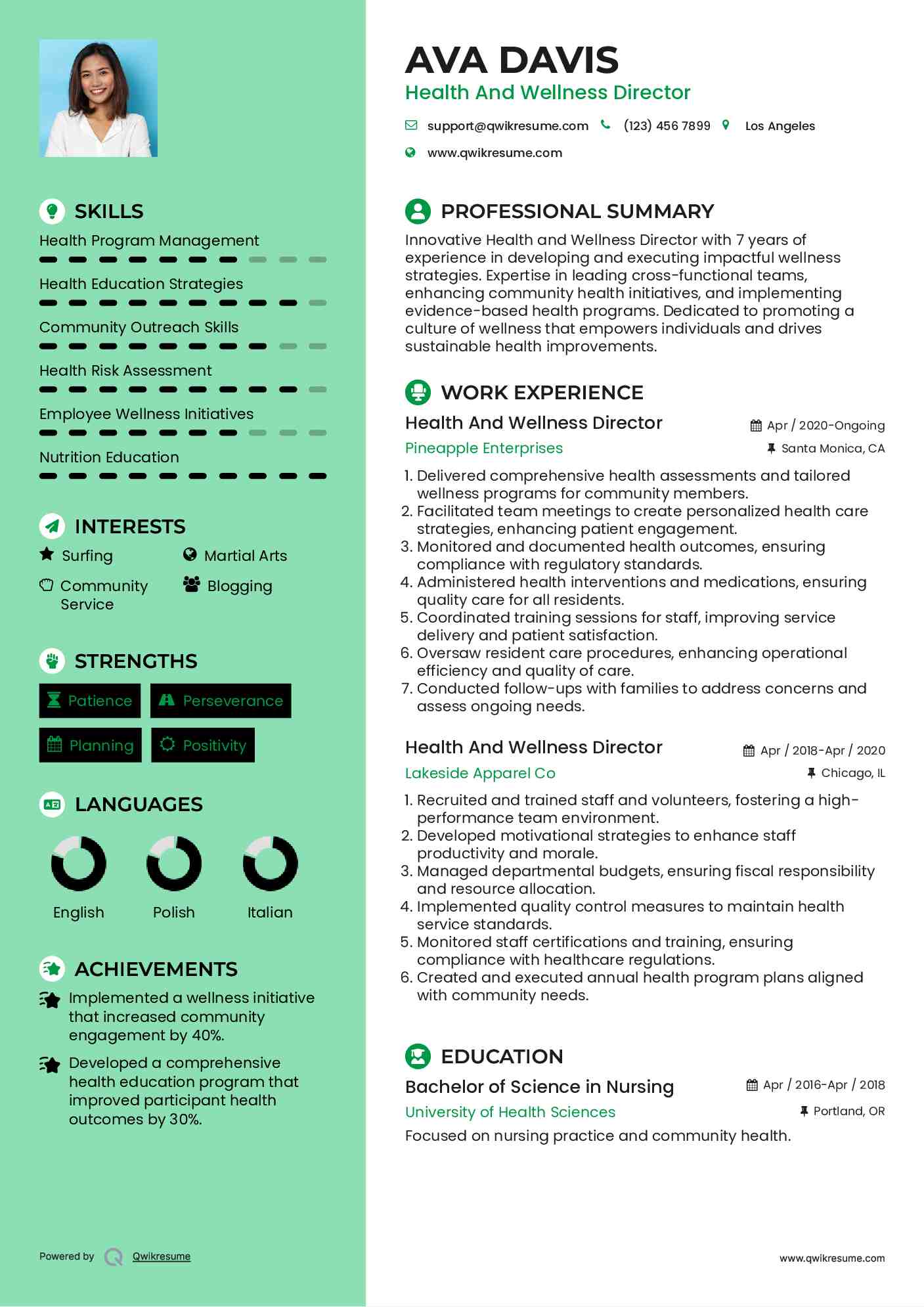 Health And Wellness Director Resume Model