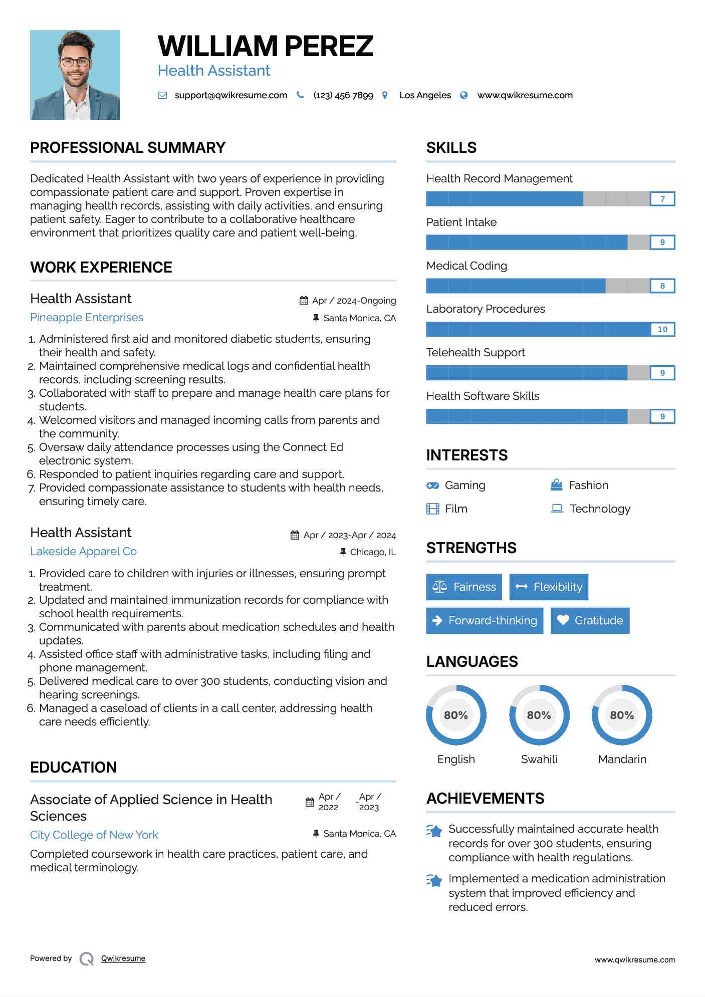 Health Assistant Resume Example