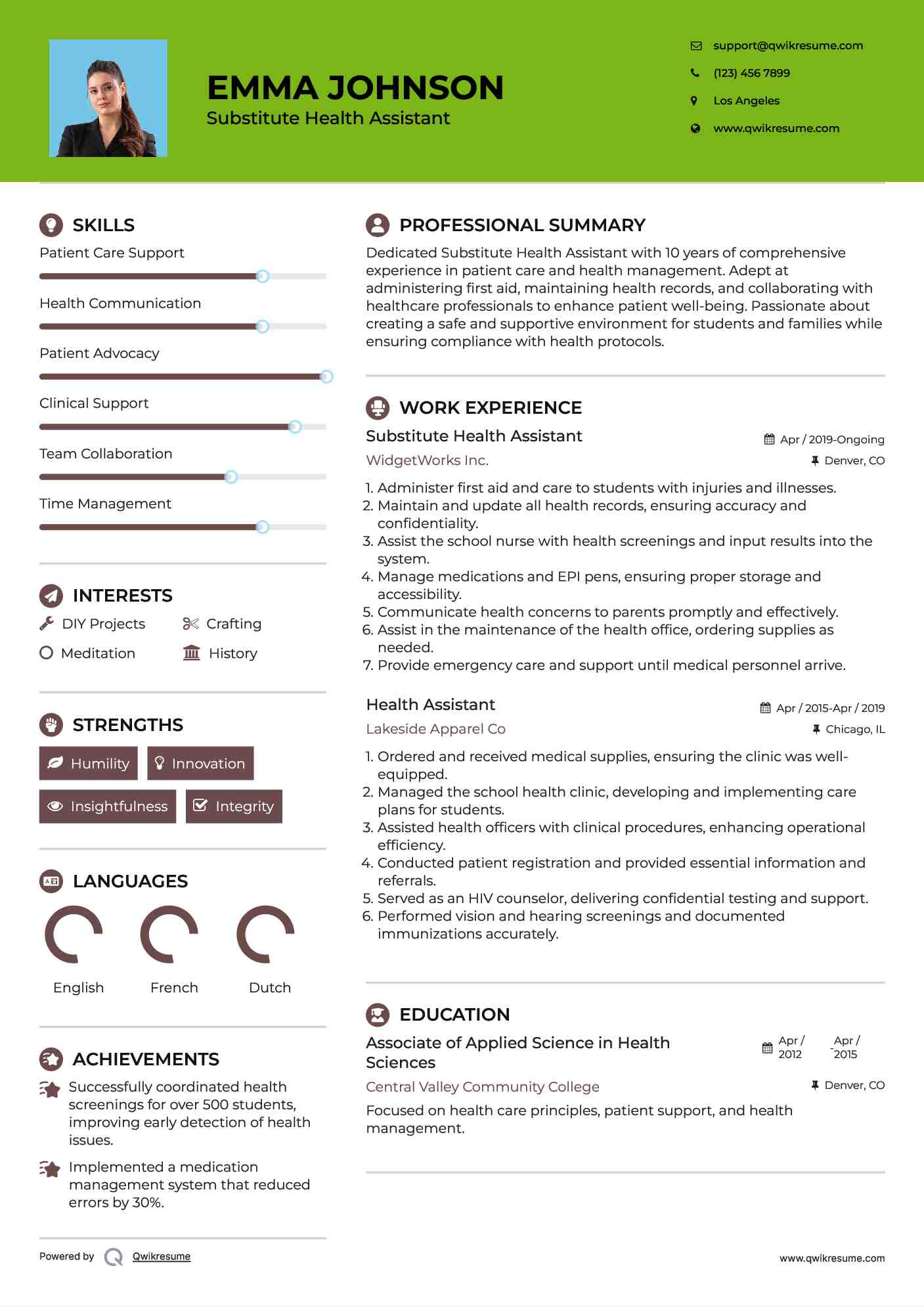 Substitute Health Assistant Resume Template