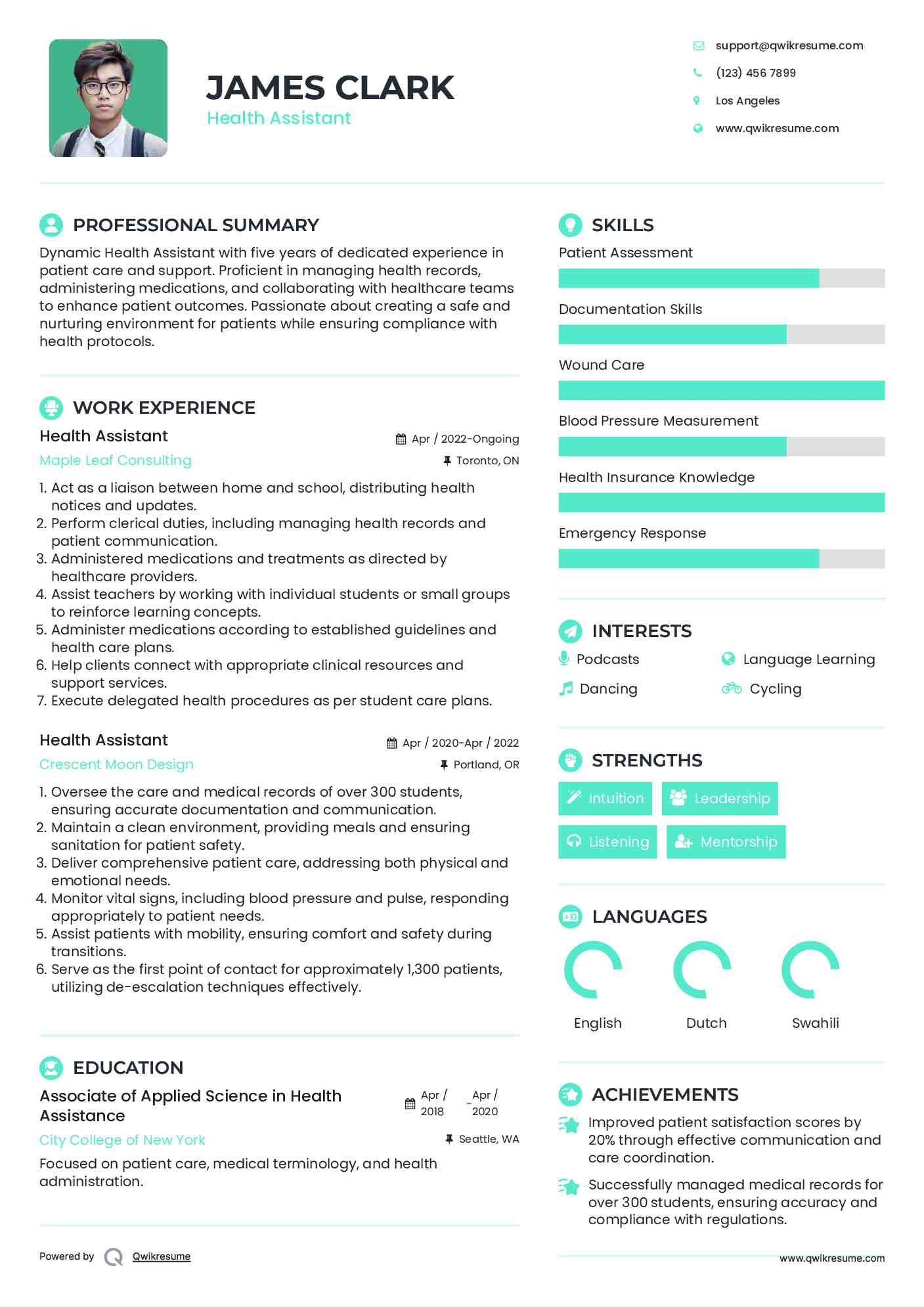 Health Assistant Resume Example