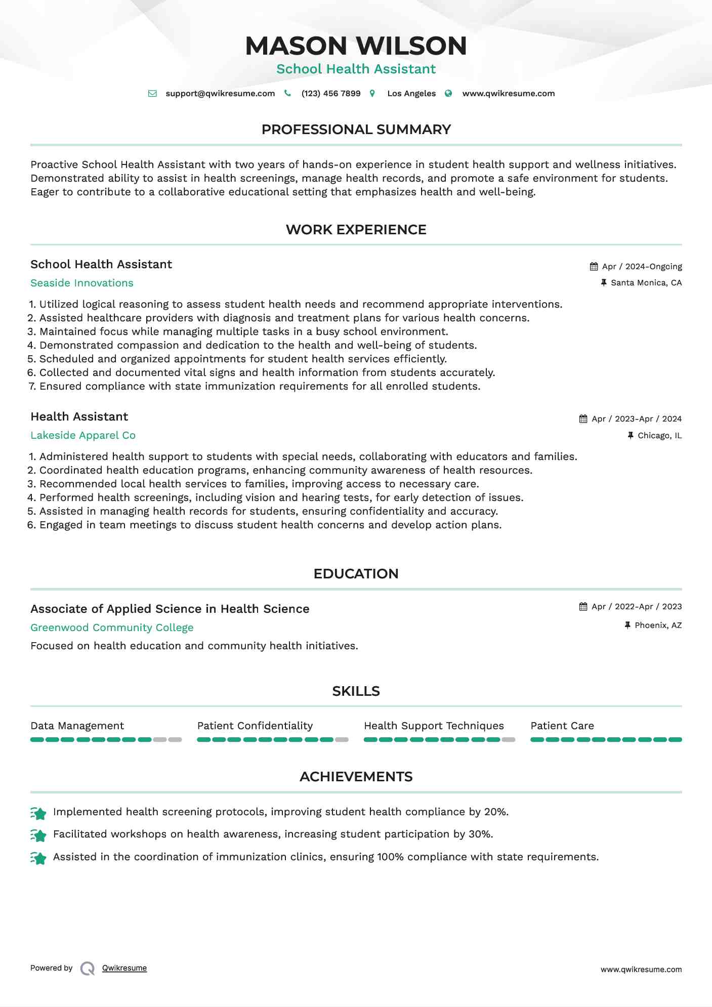 School Health Assistant
 Resume Model
