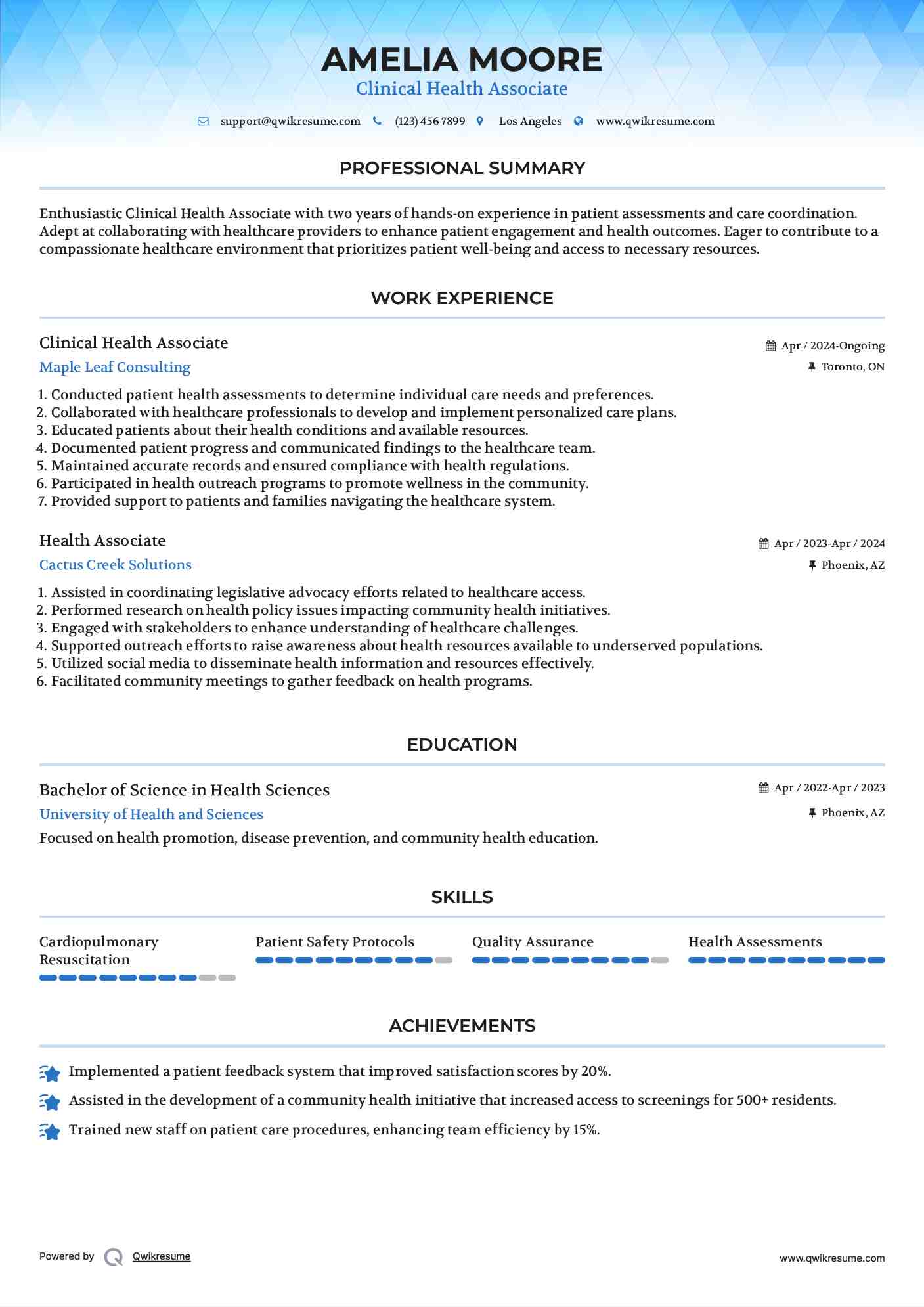 Clinical Health Associate Resume Model