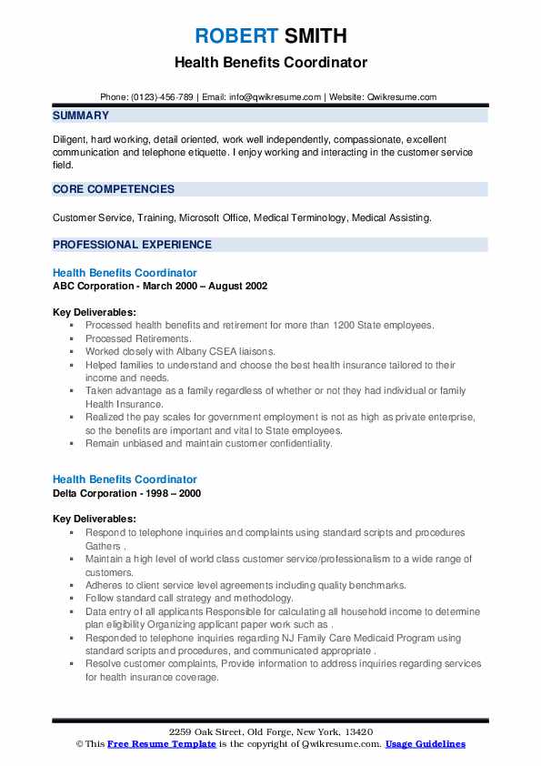 Health Benefits Coordinator Resume Samples QwikResume