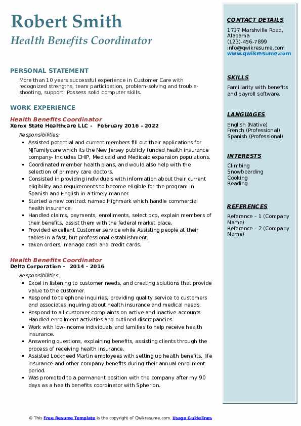 Health Benefits Coordinator Resume Samples QwikResume