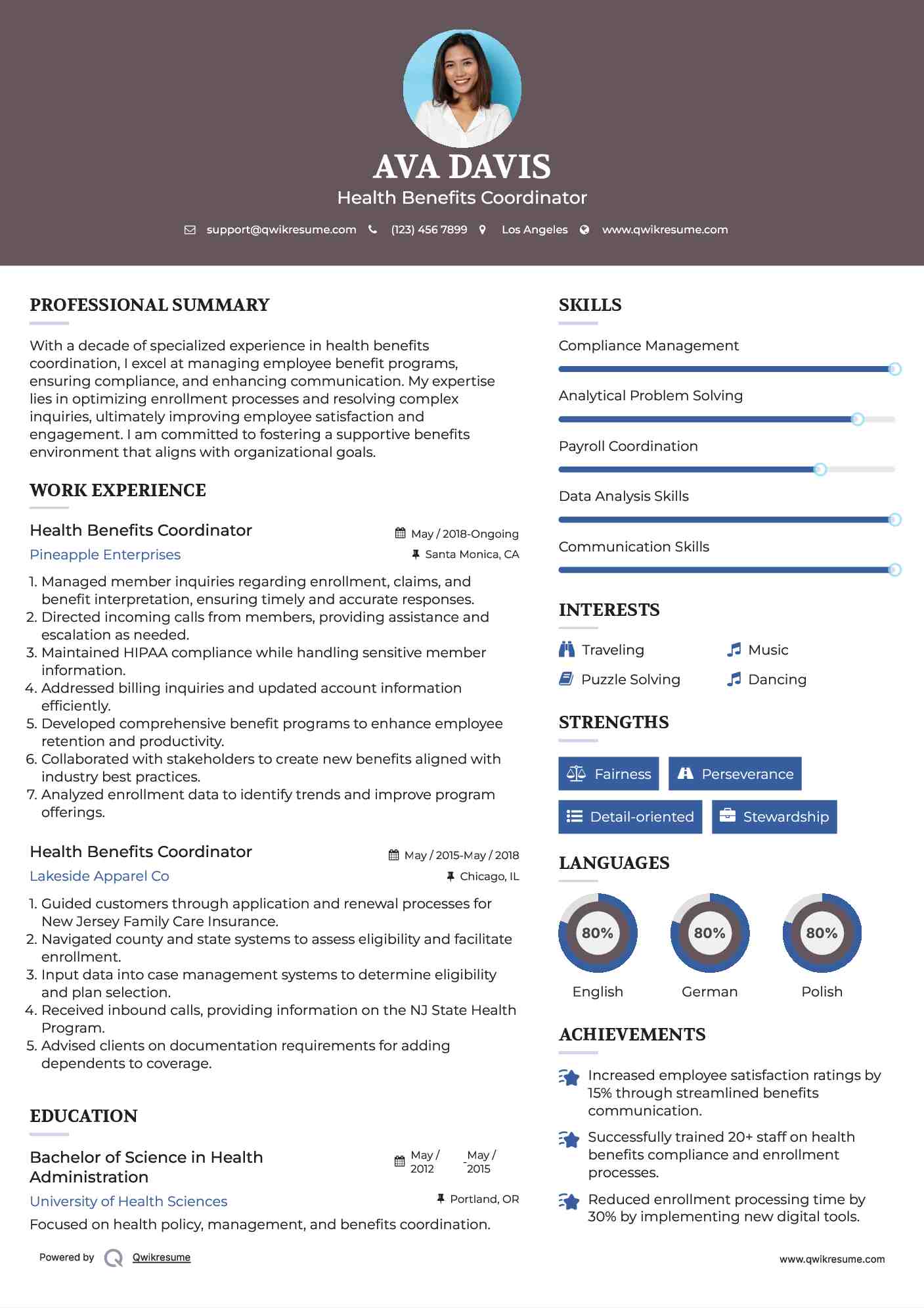 Health Benefits Coordinator Resume Model
