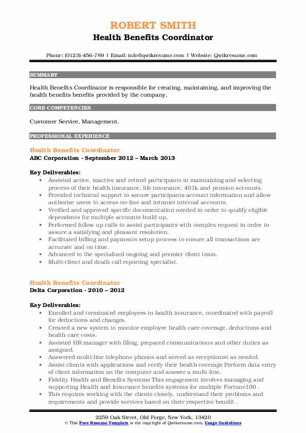 Health Benefits Coordinator Resume Samples QwikResume