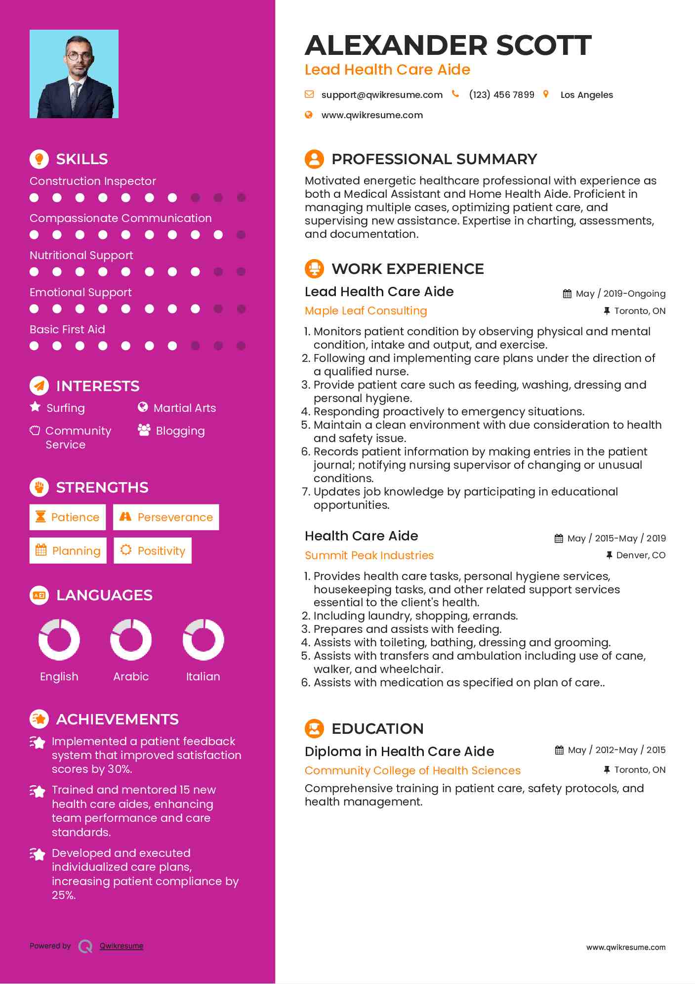 Lead Health Care Aide Resume Format