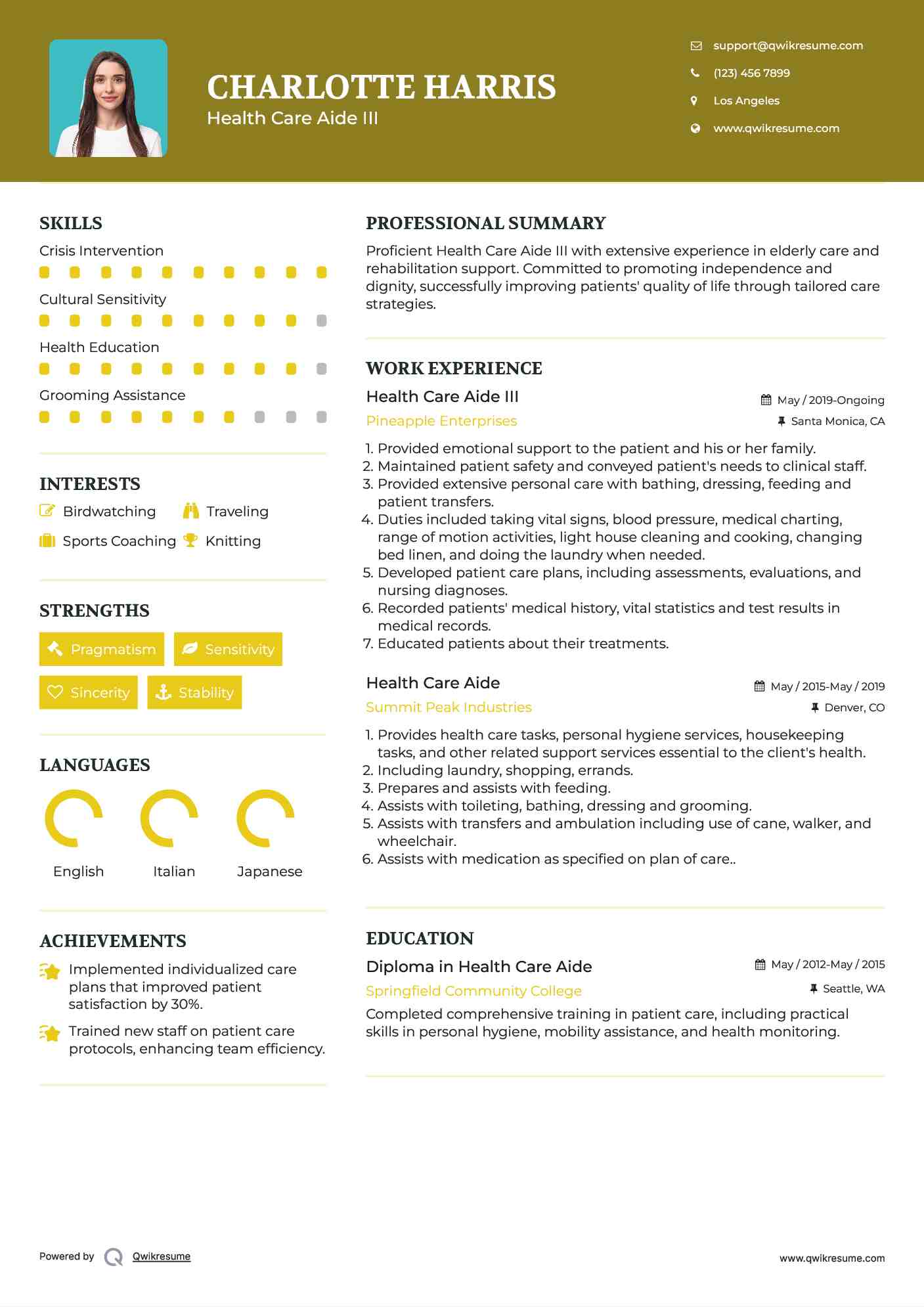 Health Care Aide III Resume Example