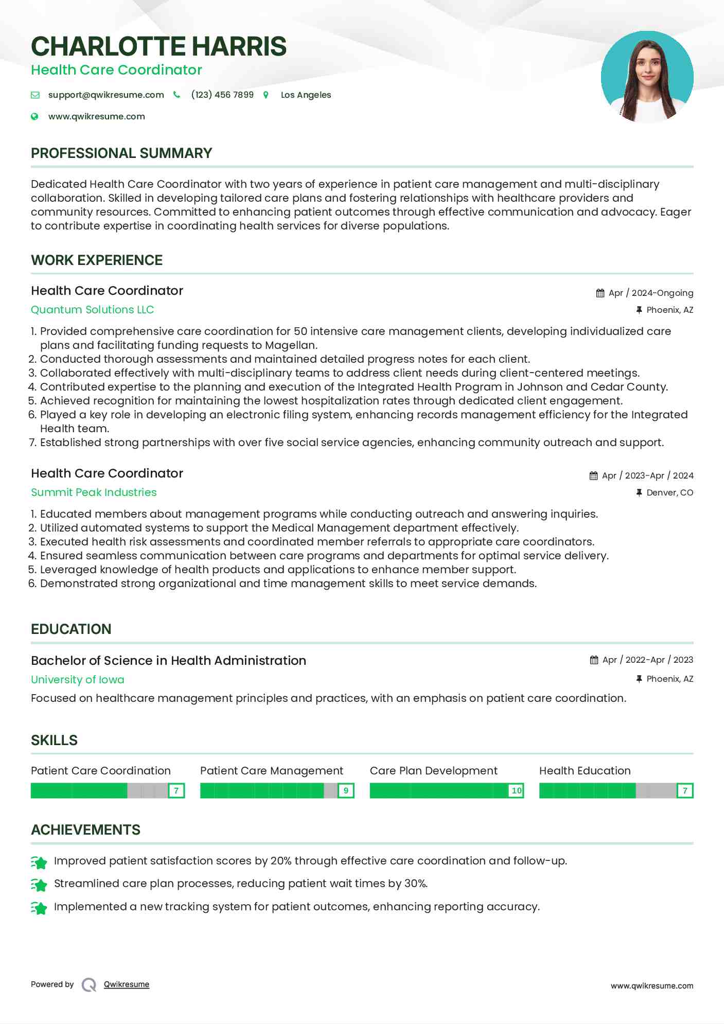 Health Care Coordinator Resume Model