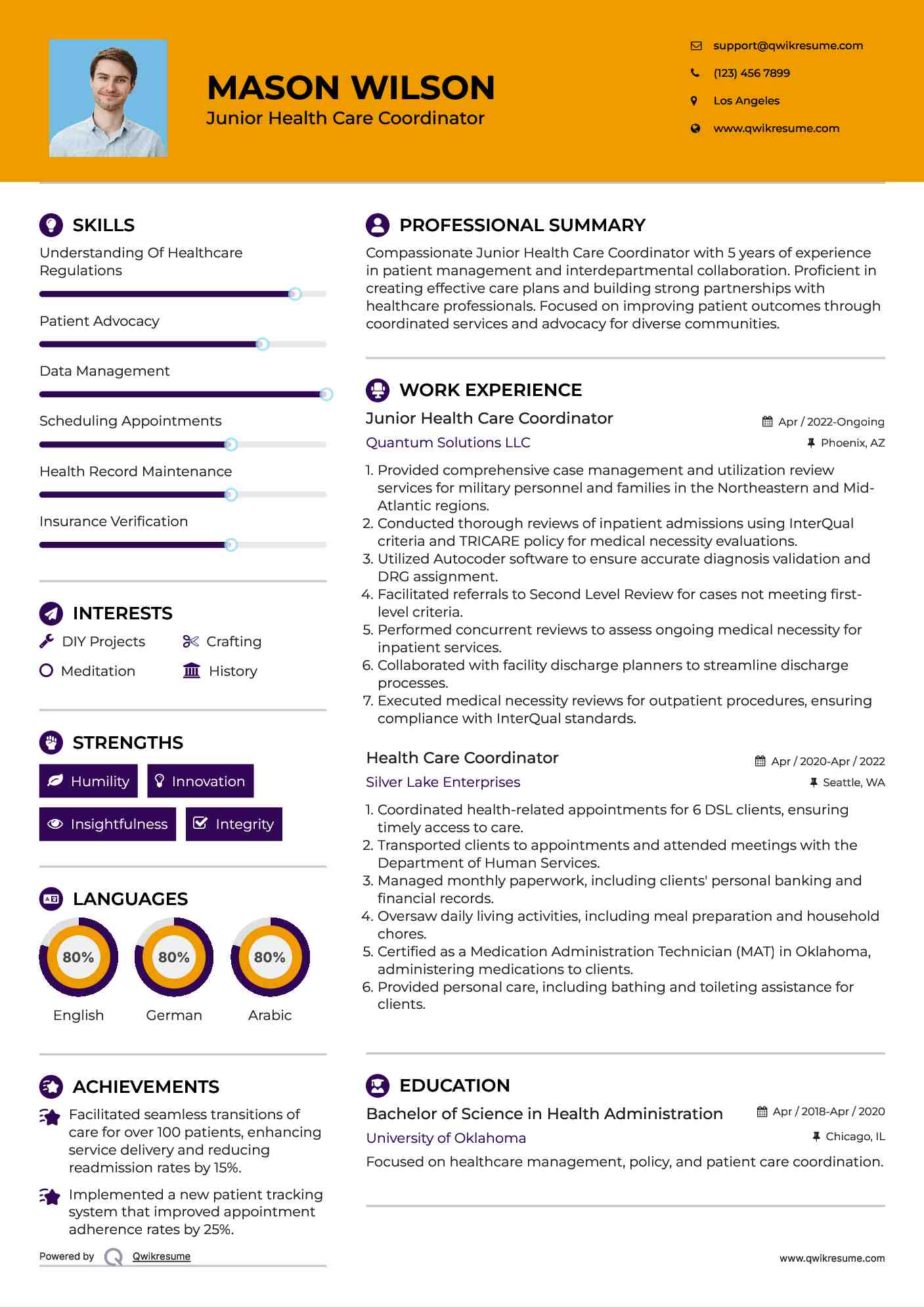 Junior Health Care Coordinator  Resume Example