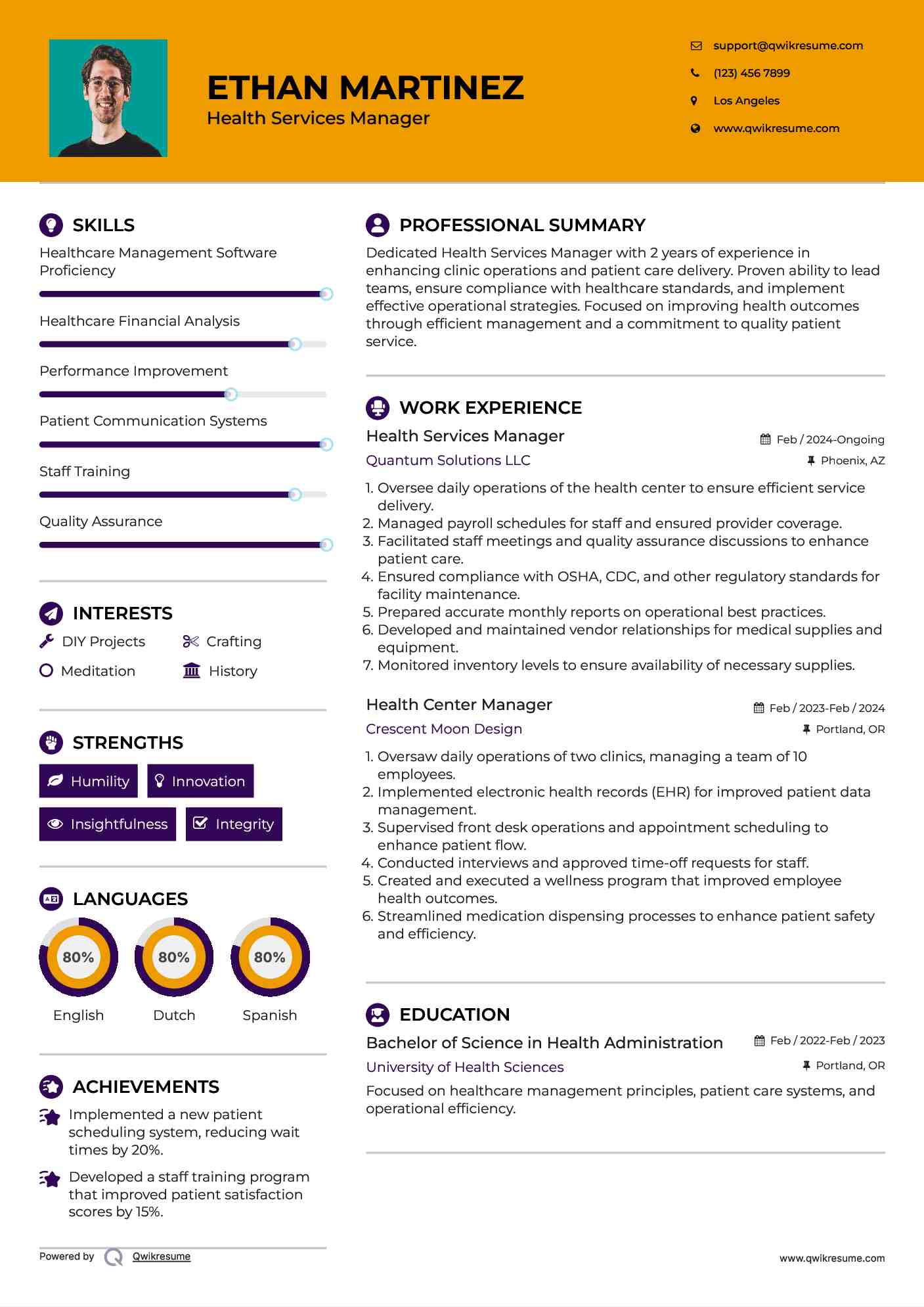 Health Services Manager Resume Model